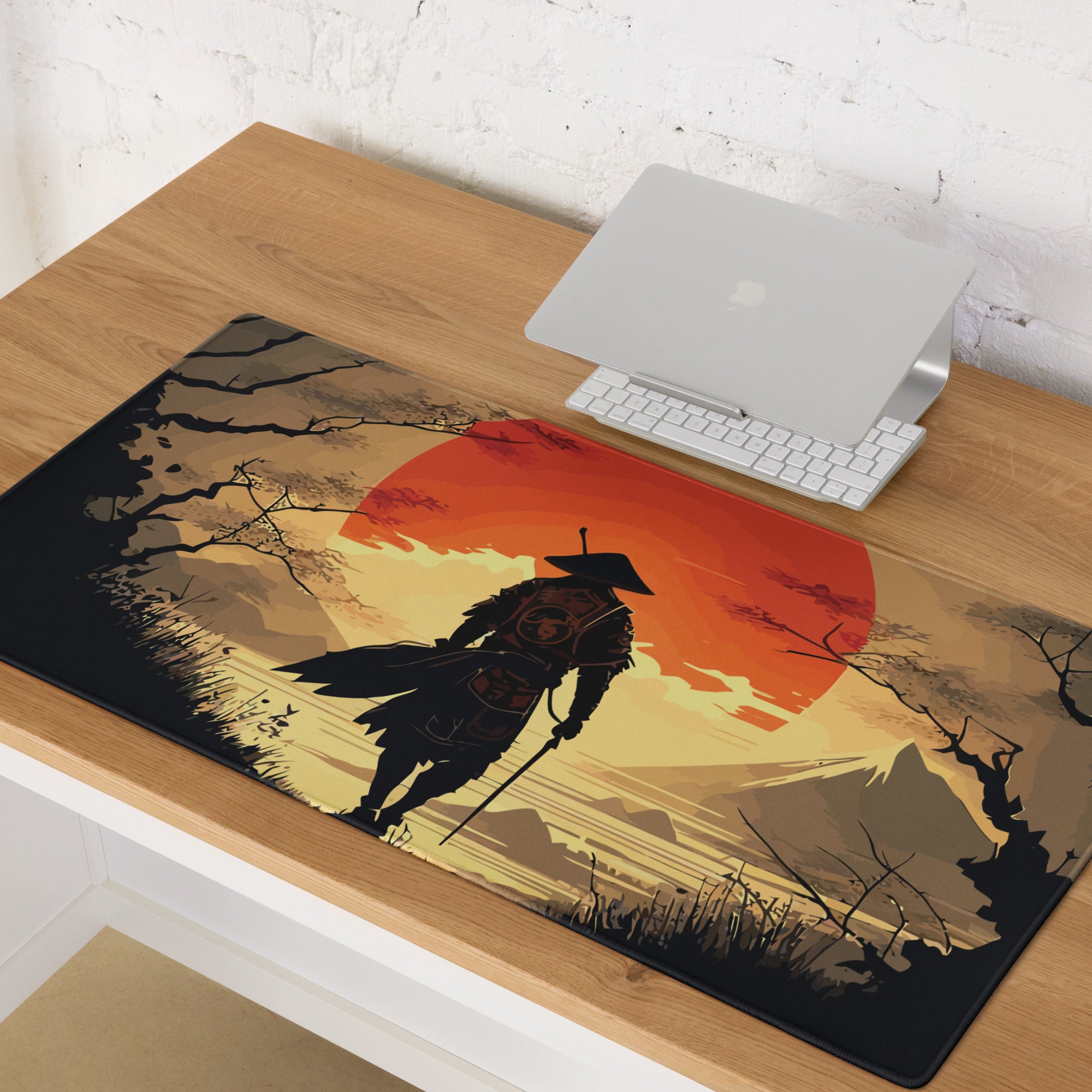 Crimson Sun Samurai Mouse Pad - Samurai Crimson Sun Gaming Desk Ukiyoe Dramatic Warmth Modern Japanese Decor Digital Art