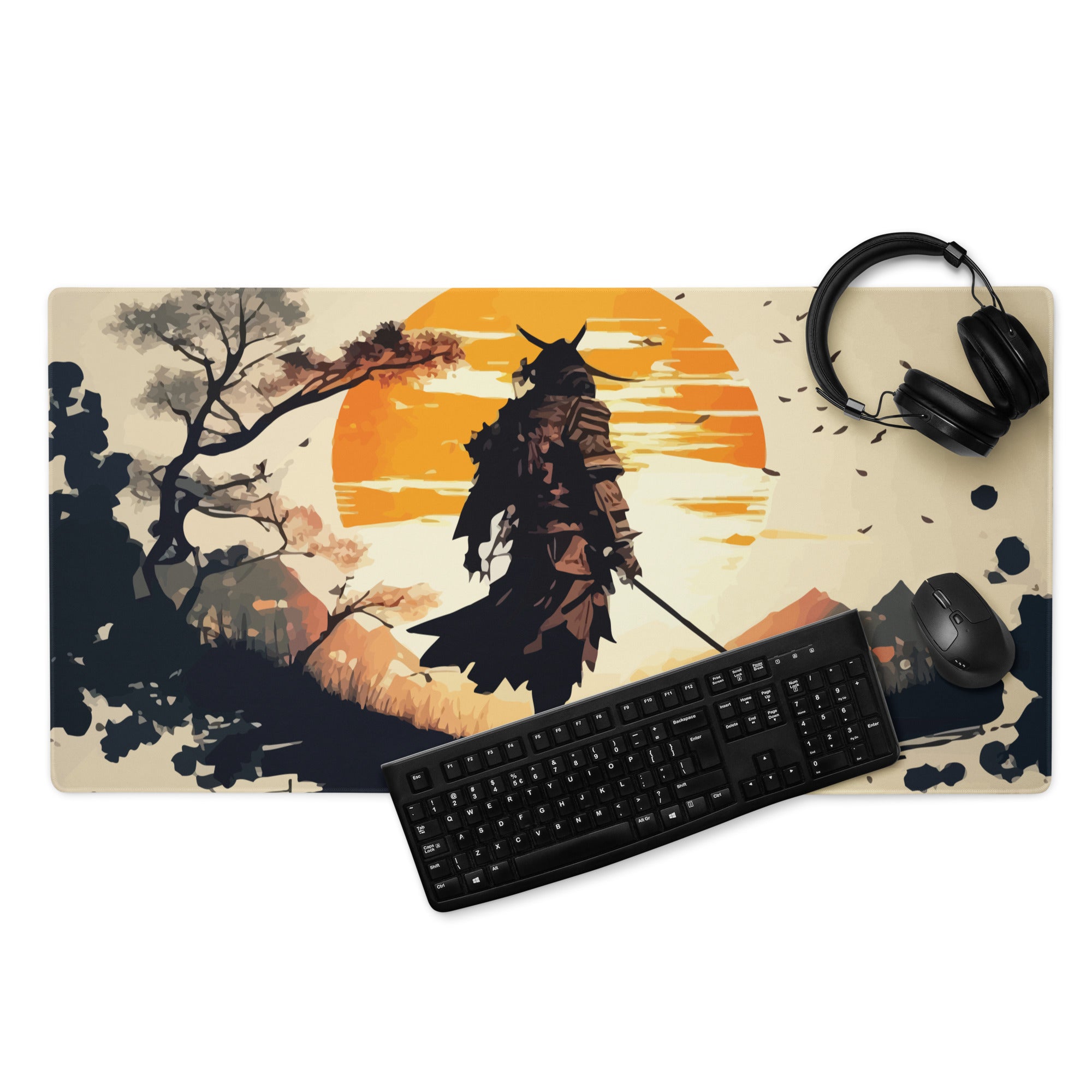 Sunset Warrior Silhouette Desk Mat - Warrior Silhouette Orange Sunset Desk Mat Mood Gaming Decor Digital Art