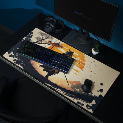 Sunset Warrior Silhouette Desk Mat - Warrior Silhouette Orange Sunset Desk Mat Mood Gaming Decor Digital Art