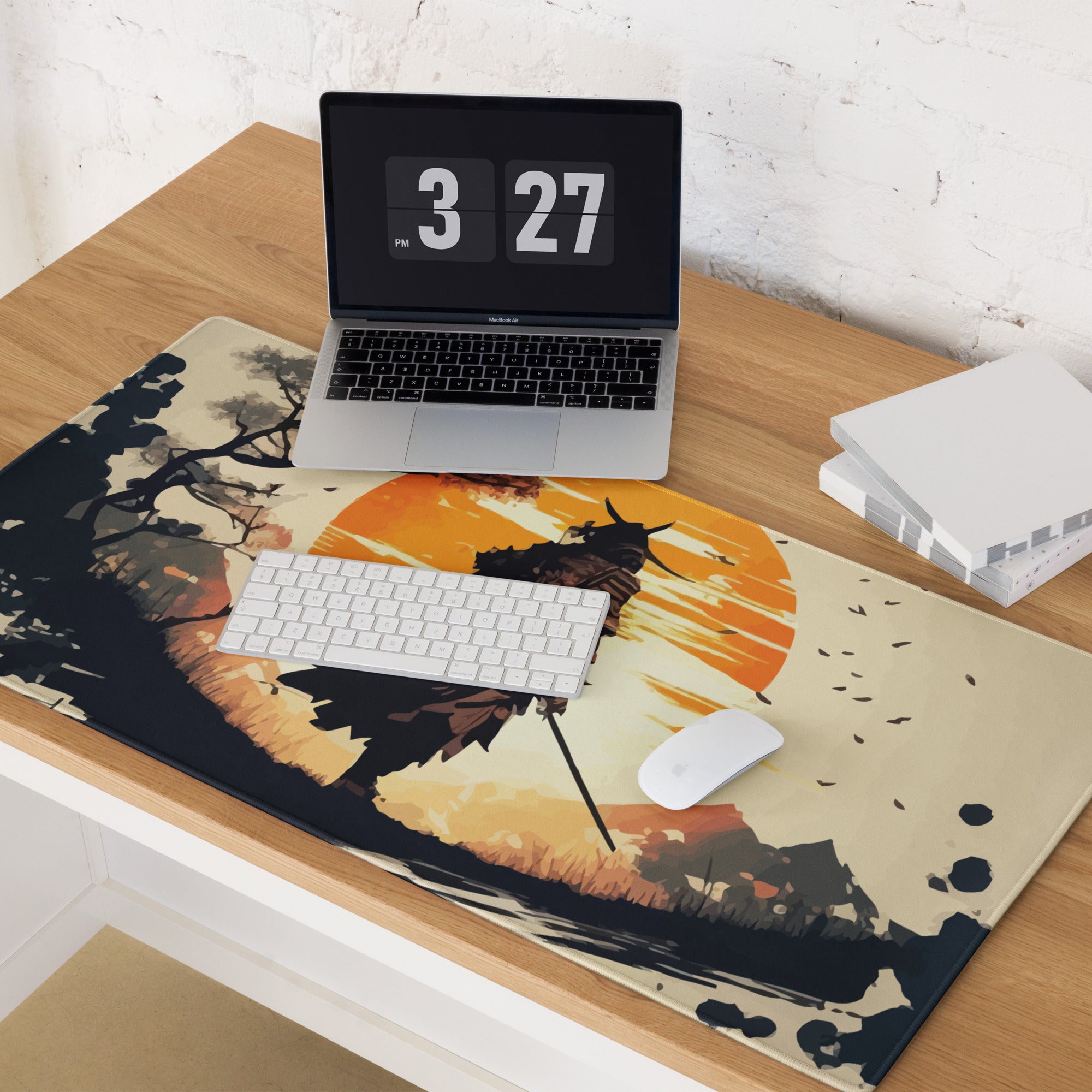 Sunset Warrior Silhouette Desk Mat - Warrior Silhouette Orange Sunset Desk Mat Mood Gaming Decor Digital Art