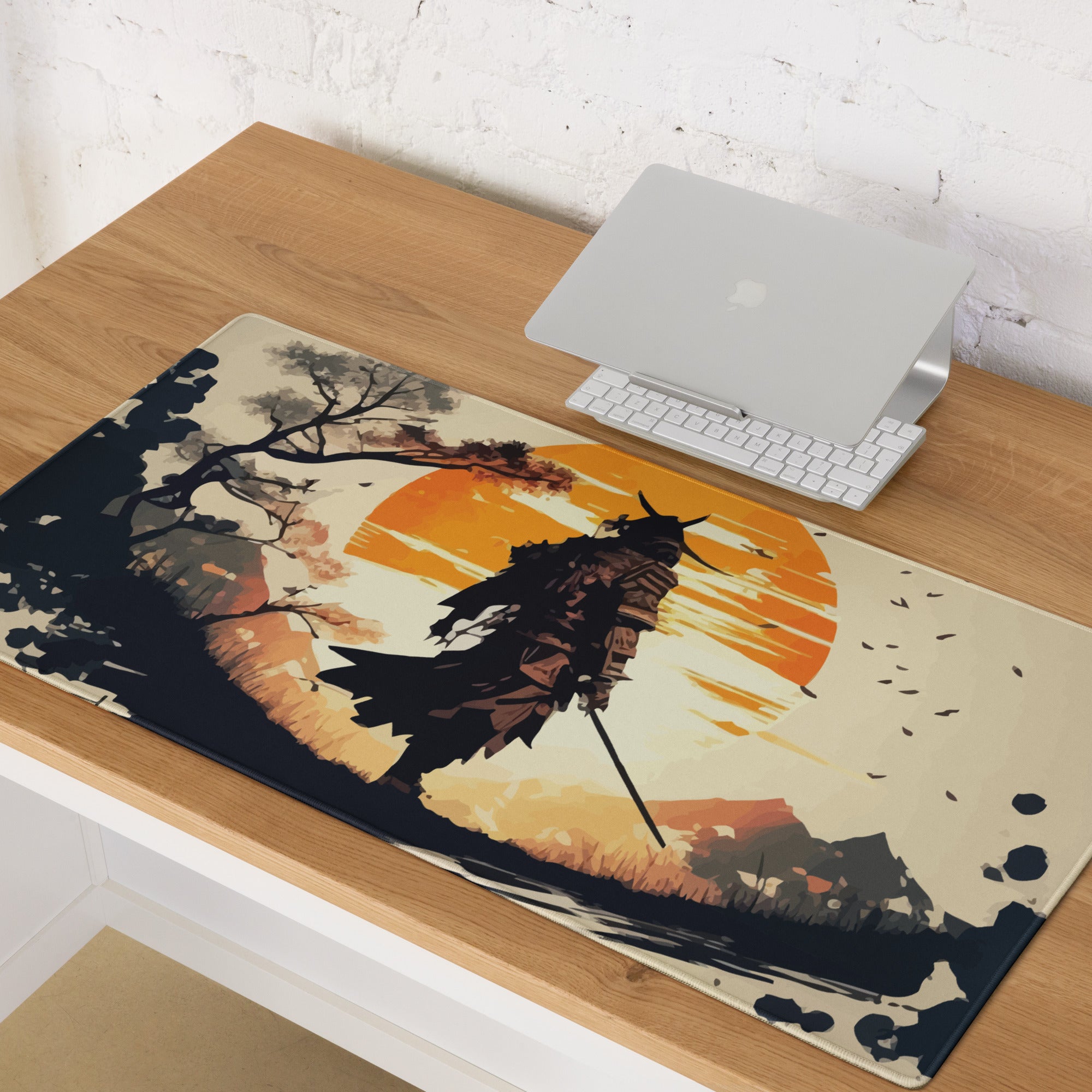 Sunset Warrior Silhouette Desk Mat - Warrior Silhouette Orange Sunset Desk Mat Mood Gaming Decor Digital Art