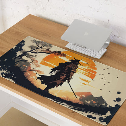 Sunset Warrior Silhouette Desk Mat - Warrior Silhouette Orange Sunset Desk Mat Mood Gaming Decor Digital Art