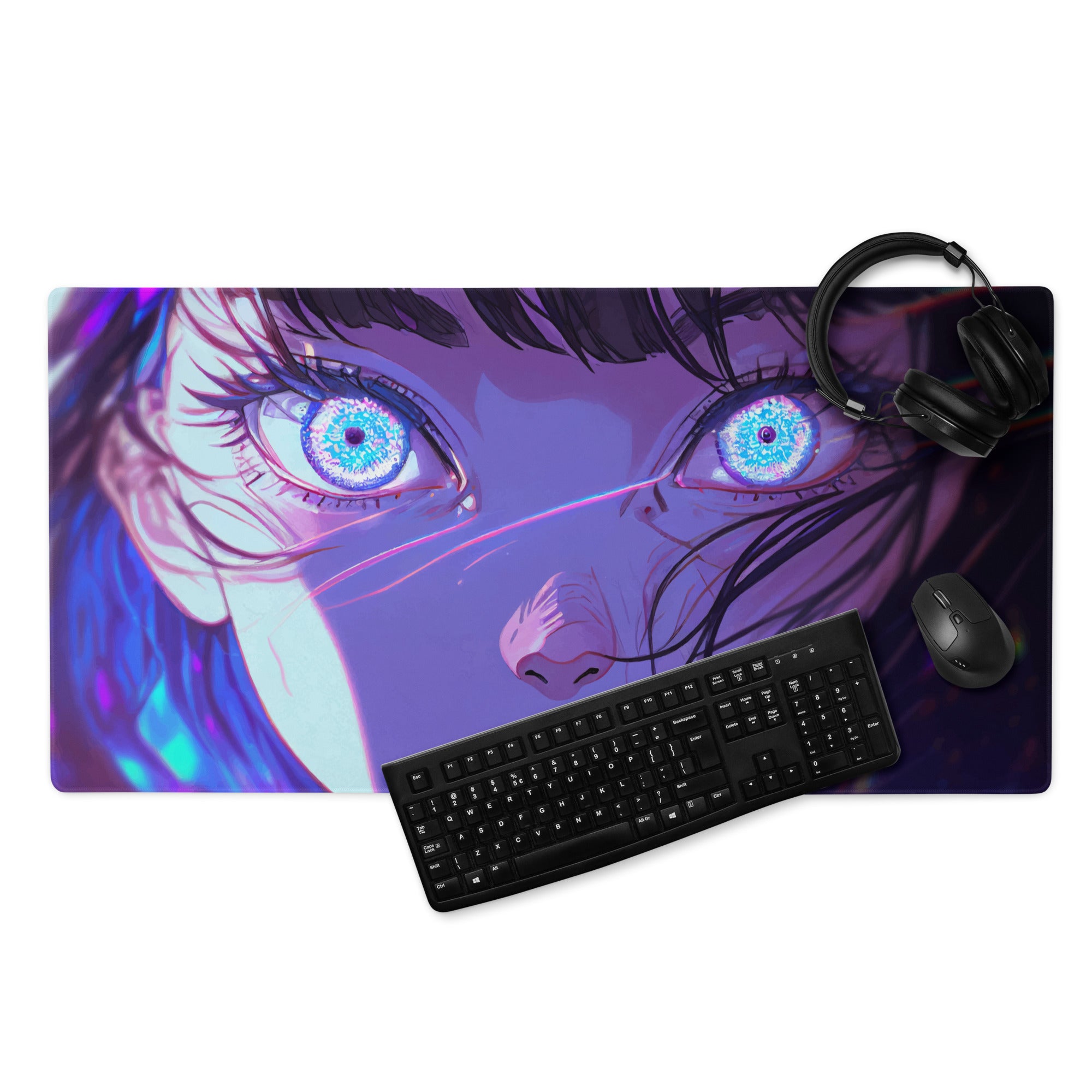 Neon Anime Portrait Gaming Mouse Pad - Anime Portrait Purple Blue Gaming Desk Cyberpunk Art Energetic Mood Esports Pad Digital Art