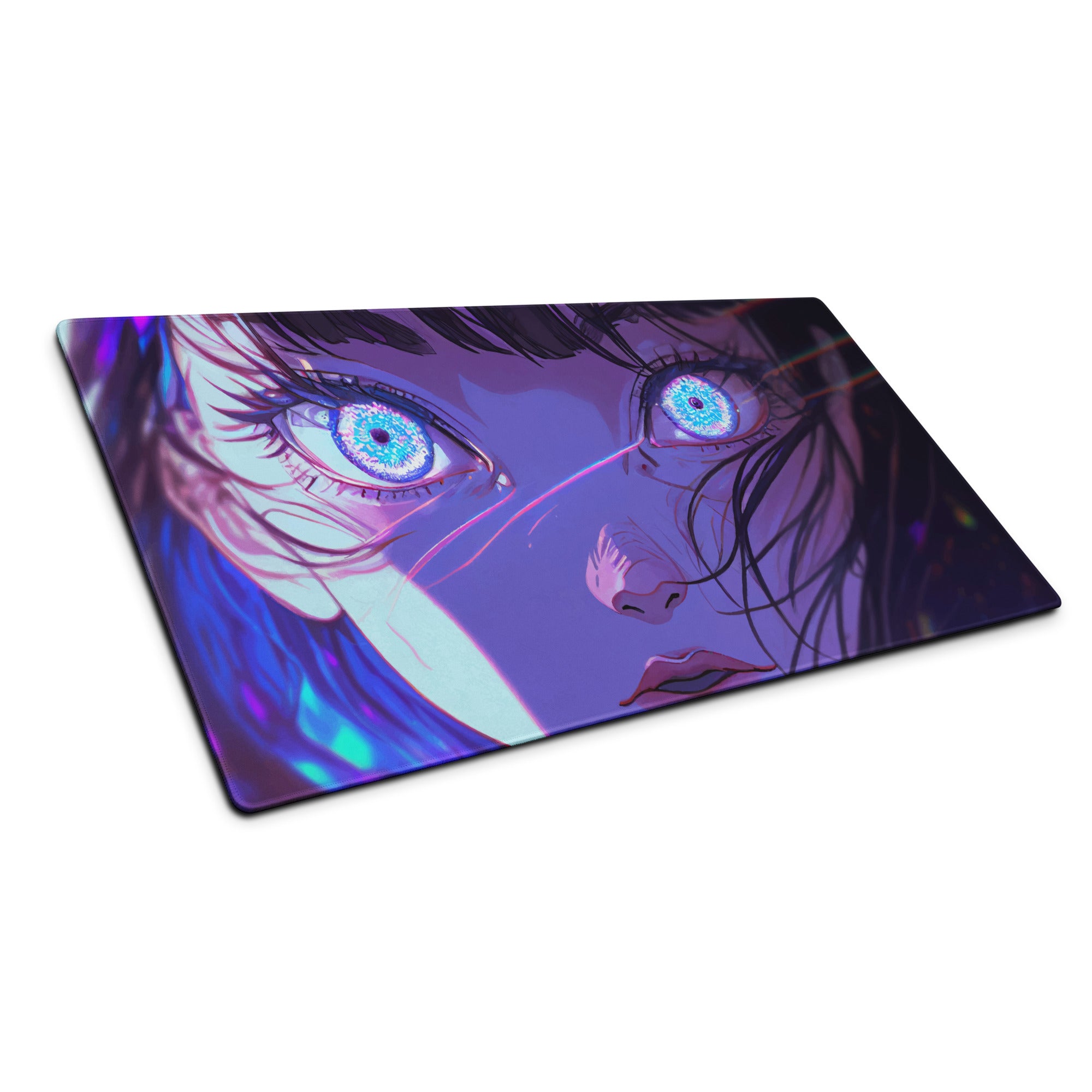 Neon Anime Portrait Gaming Mouse Pad - Anime Portrait Purple Blue Gaming Desk Cyberpunk Art Energetic Mood Esports Pad Digital Art