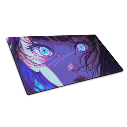 Neon Anime Portrait Gaming Mouse Pad - Anime Portrait Purple Blue Gaming Desk Cyberpunk Art Energetic Mood Esports Pad Digital Art