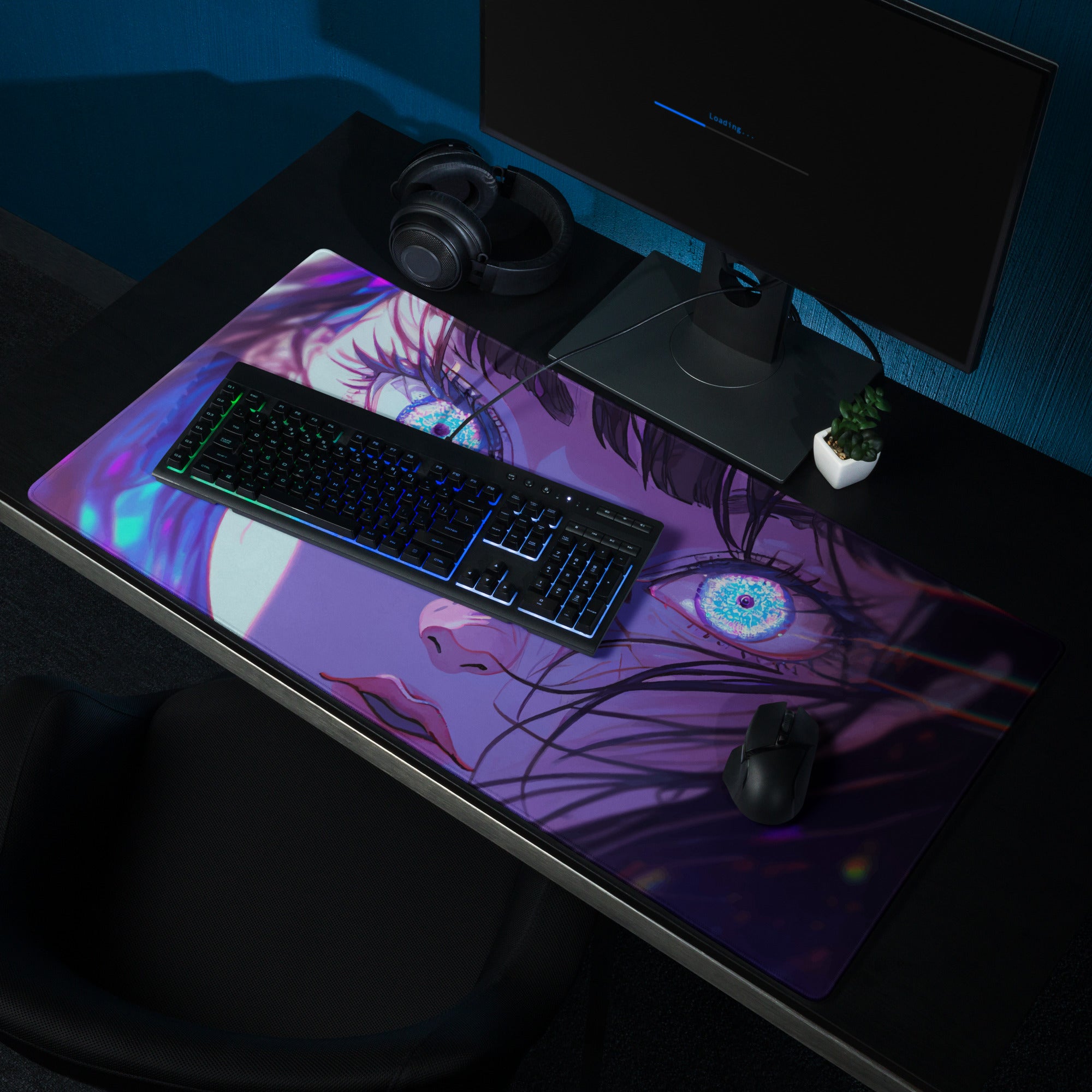 Neon Anime Portrait Gaming Mouse Pad - Anime Portrait Purple Blue Gaming Desk Cyberpunk Art Energetic Mood Esports Pad Digital Art