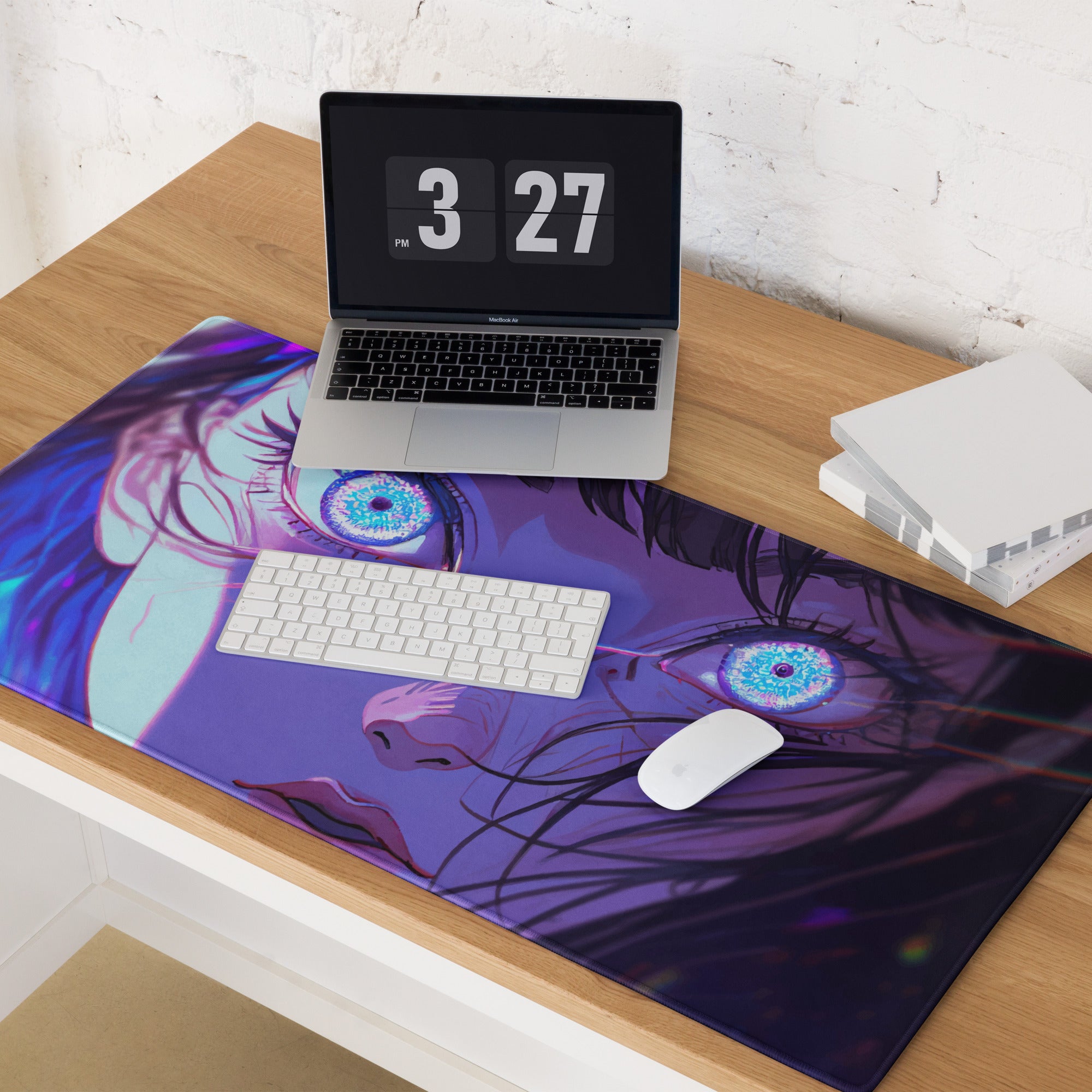 Neon Anime Portrait Gaming Mouse Pad - Anime Portrait Purple Blue Gaming Desk Cyberpunk Art Energetic Mood Esports Pad Digital Art