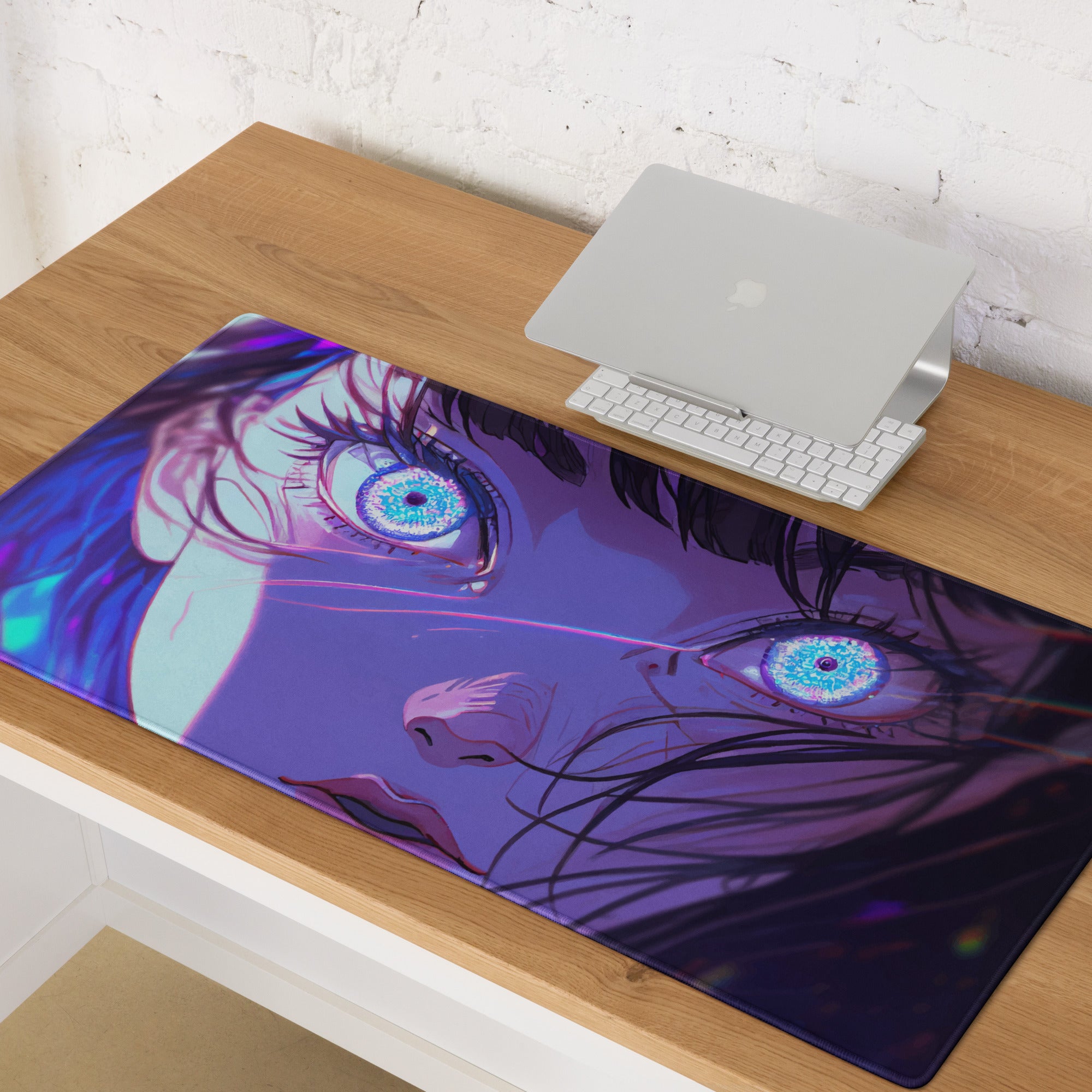 Neon Anime Portrait Gaming Mouse Pad - Anime Portrait Purple Blue Gaming Desk Cyberpunk Art Energetic Mood Esports Pad Digital Art