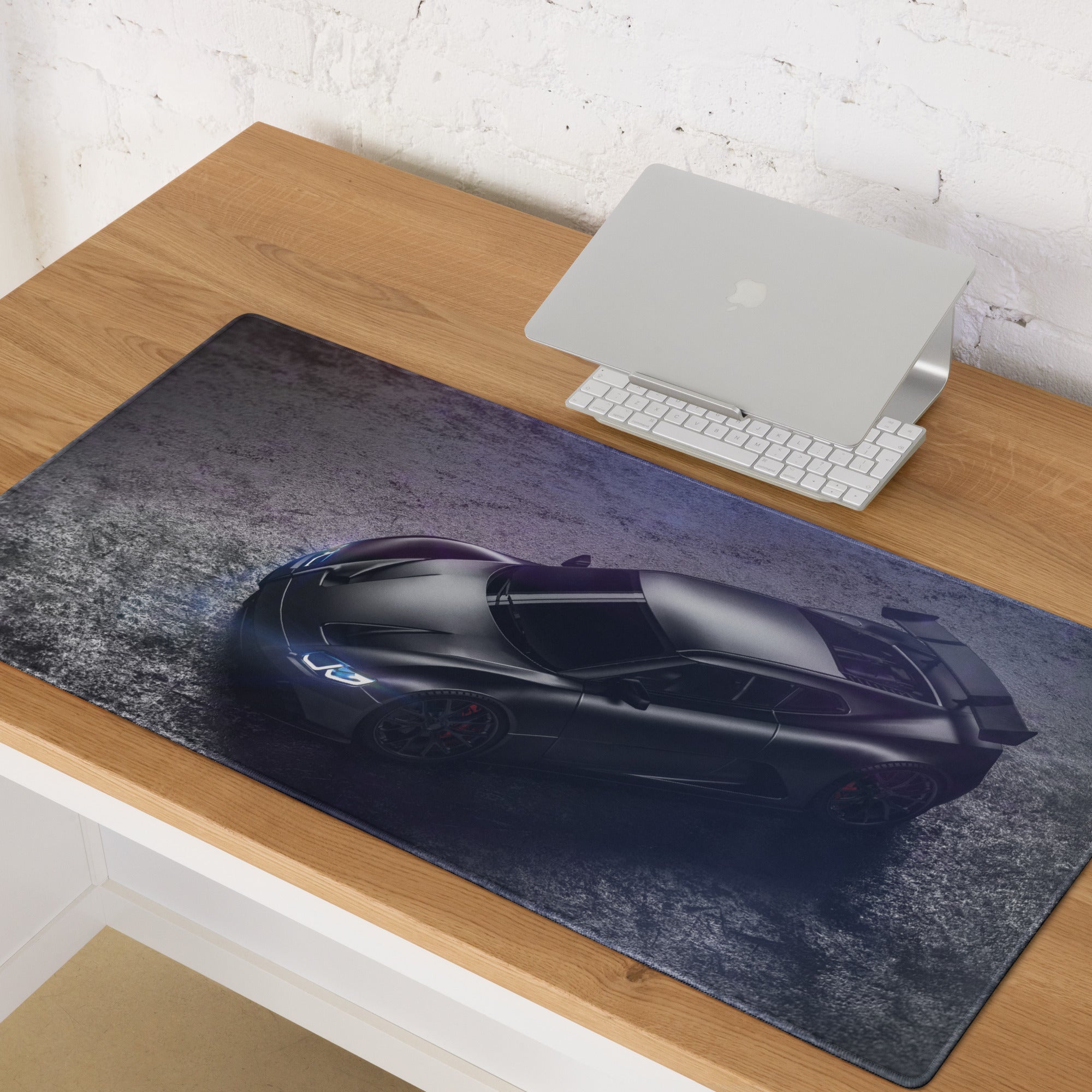 Night Racer Gaming Mouse Pad - Sports Car Black Purple Desk Mat For Gaming Sleek Futuristic Cyberpunk Photography