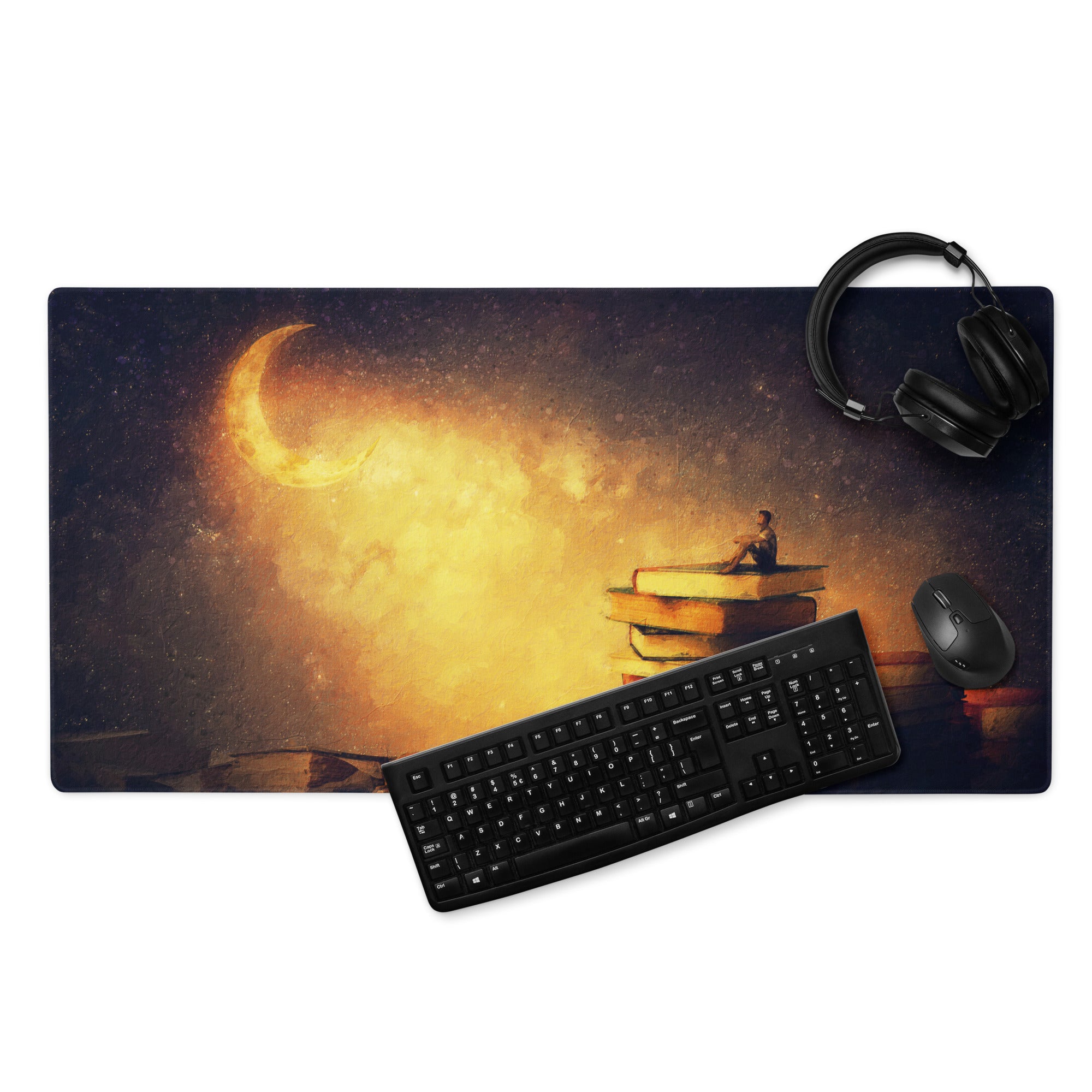 Moonlit Library Desk Mat - Moonlit Library Antique Gold Amber Gaming Desk Dreamy Mood Rustic Office Mouse Pad Art
