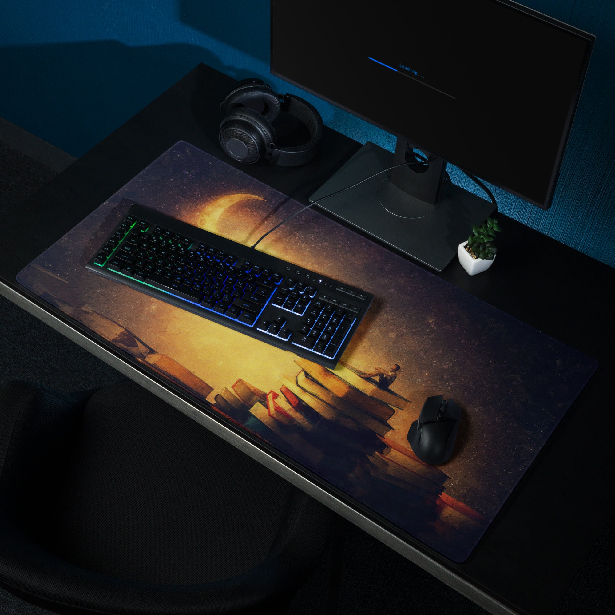 Moonlit Library Desk Mat - Moonlit Library Antique Gold Amber Gaming Desk Dreamy Mood Rustic Office Mouse Pad Art
