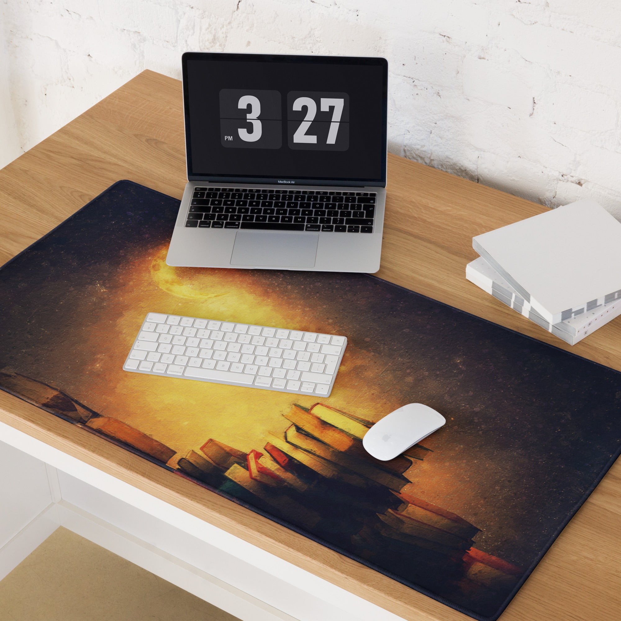 Moonlit Library Desk Mat - Moonlit Library Antique Gold Amber Gaming Desk Dreamy Mood Rustic Office Mouse Pad Art