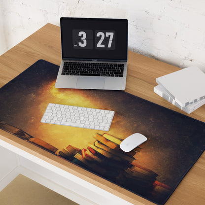 Moonlit Library Desk Mat - Moonlit Library Antique Gold Amber Gaming Desk Dreamy Mood Rustic Office Mouse Pad Art