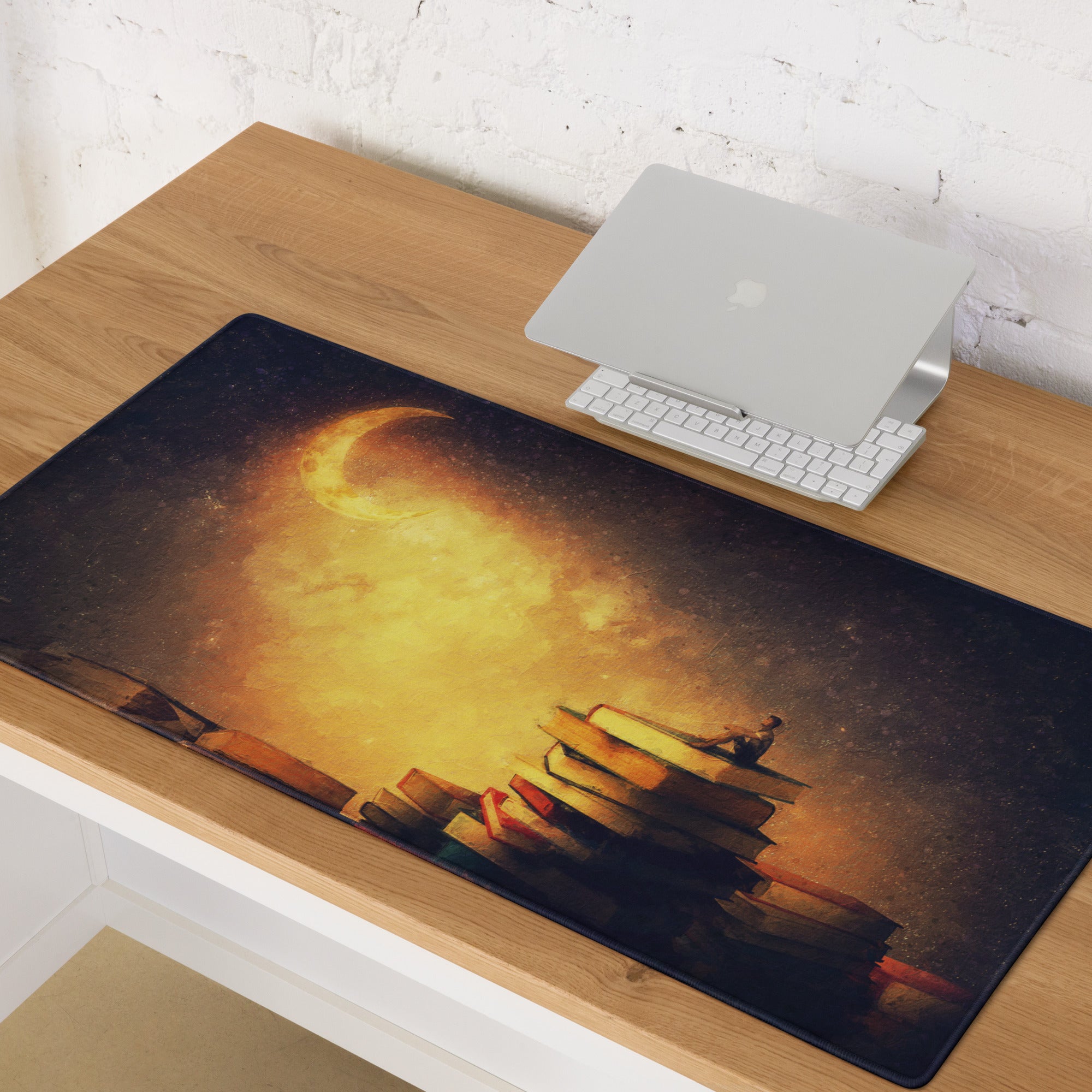 Moonlit Library Desk Mat - Moonlit Library Antique Gold Amber Gaming Desk Dreamy Mood Rustic Office Mouse Pad Art