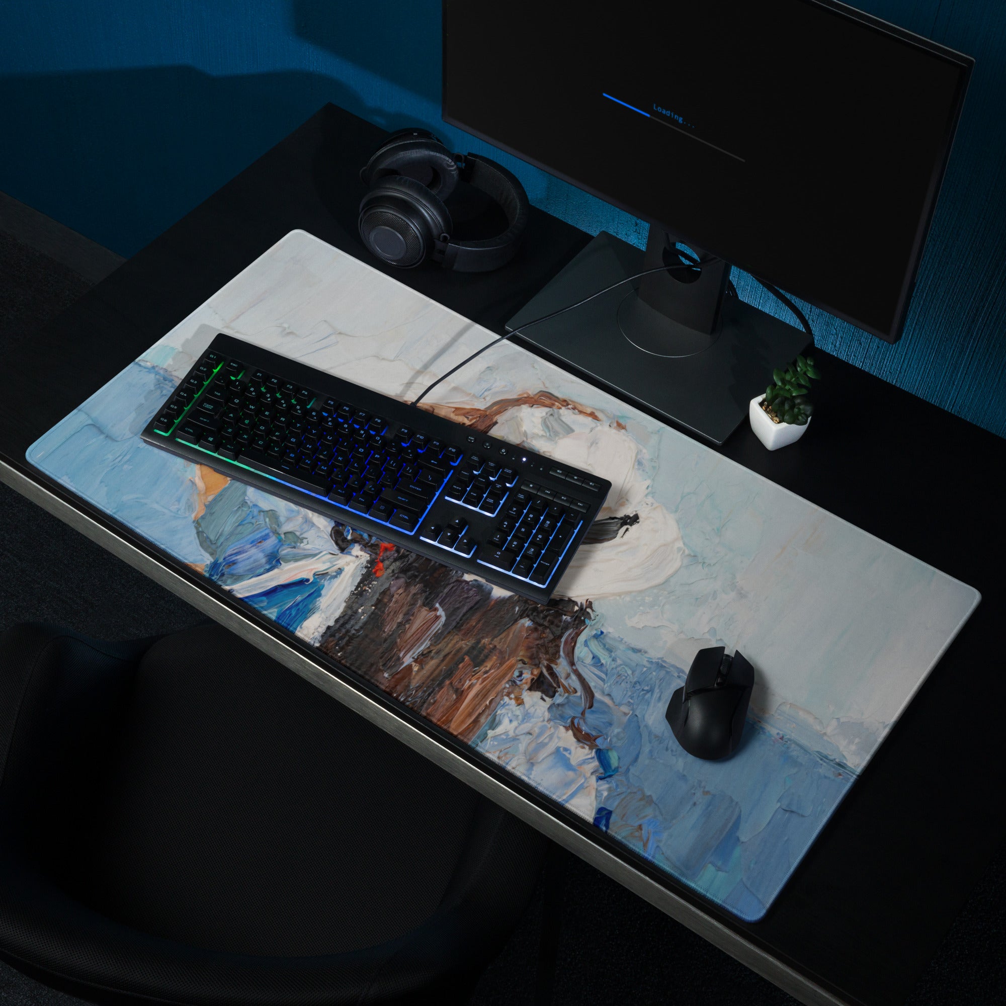 Mountain Dawn Abstract Canvas - Mountain Landscape Blue White Teal Brown Desk Gaming Setup Impasto Oil Serene Desk Mood
