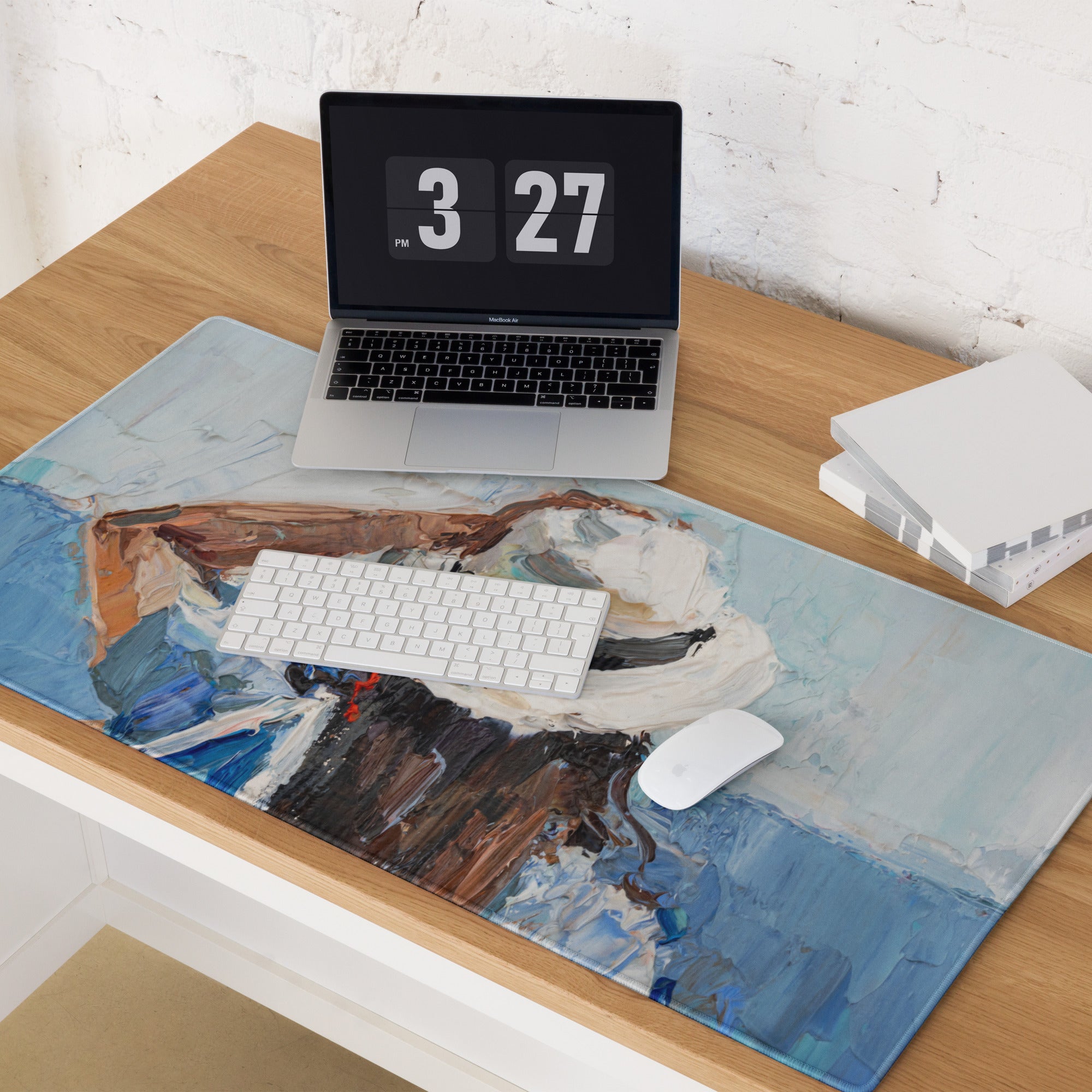 Mountain Dawn Abstract Canvas - Mountain Landscape Blue White Teal Brown Desk Gaming Setup Impasto Oil Serene Desk Mood