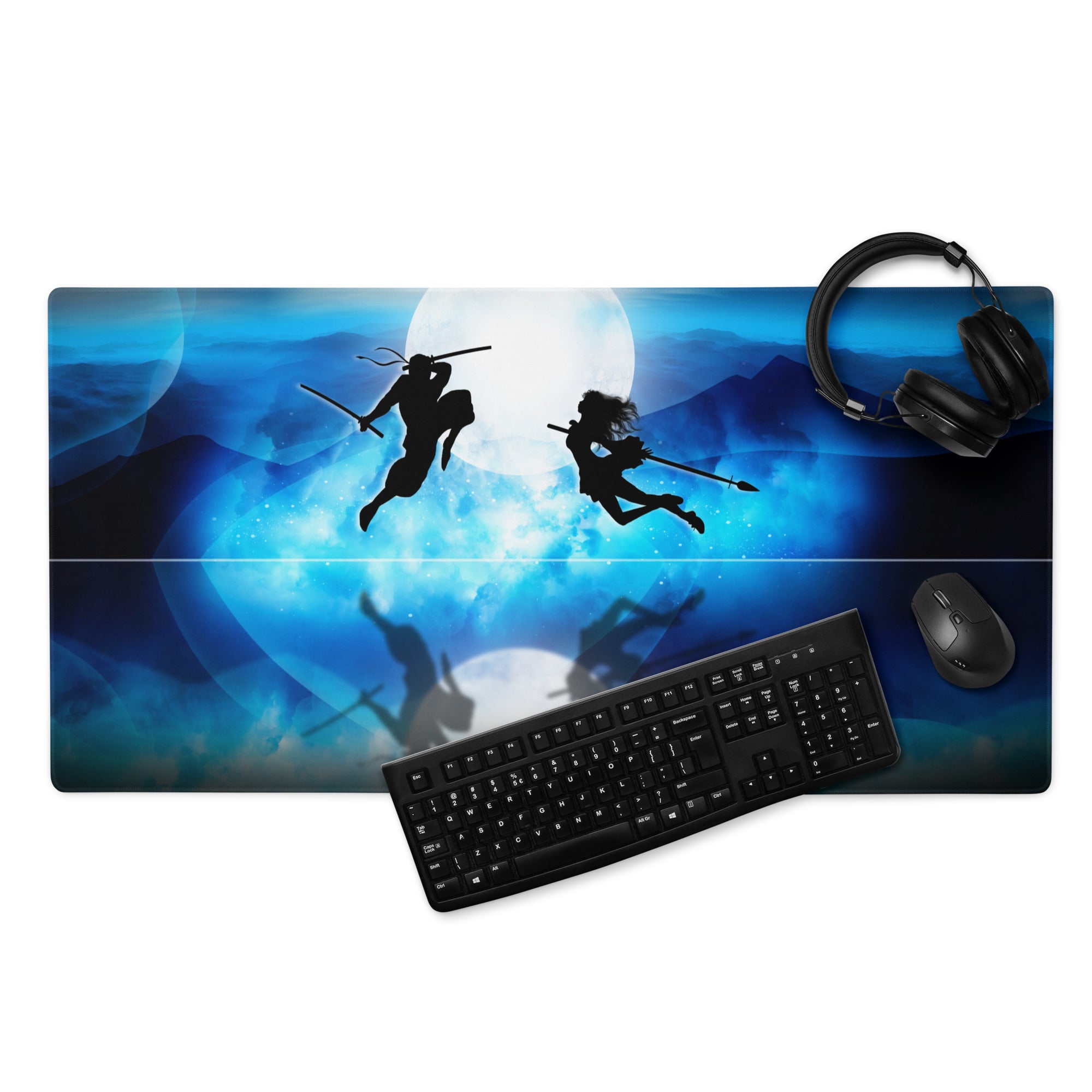Blue Moon Battle Silhouette Mouse Pad - Fantasy Blue Gaming Desk Digital Art Epic Mood Cyberpunk RGB Desk Mat