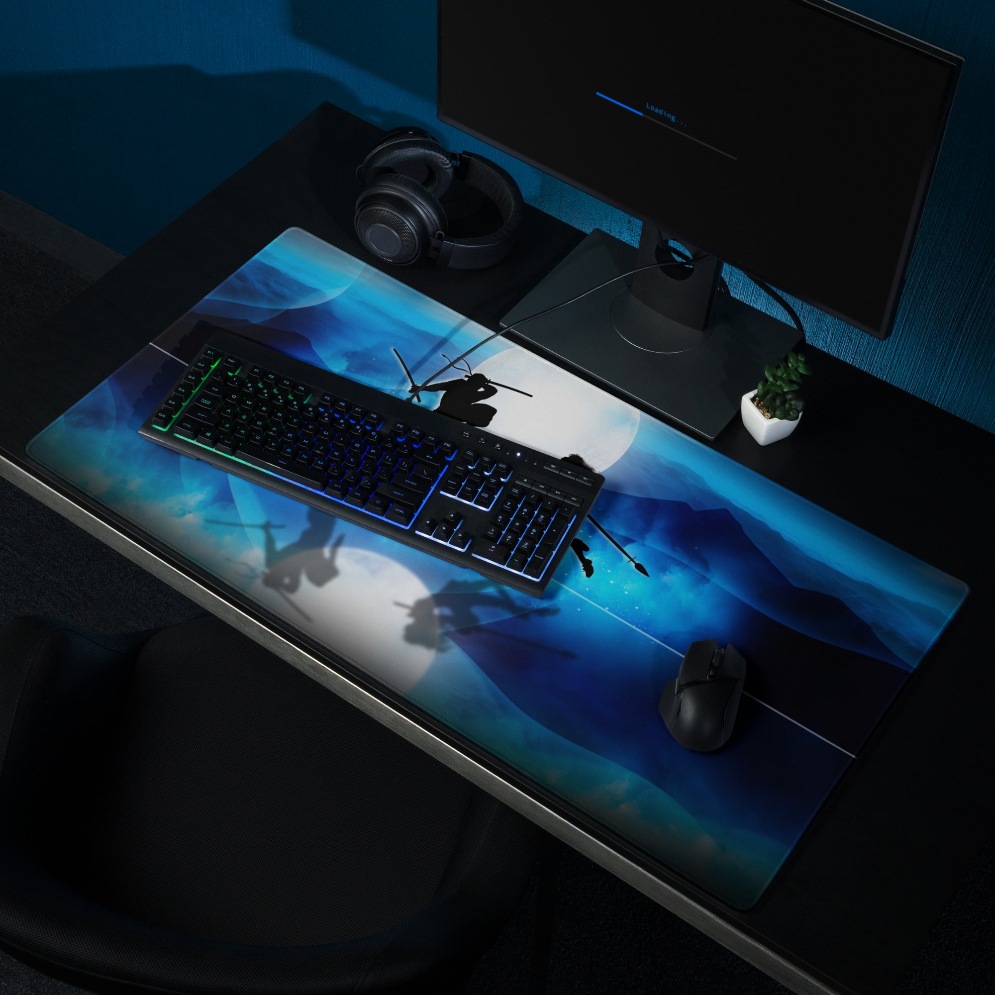 Blue Moon Battle Silhouette Mouse Pad - Fantasy Blue Gaming Desk Digital Art Epic Mood Cyberpunk RGB Desk Mat