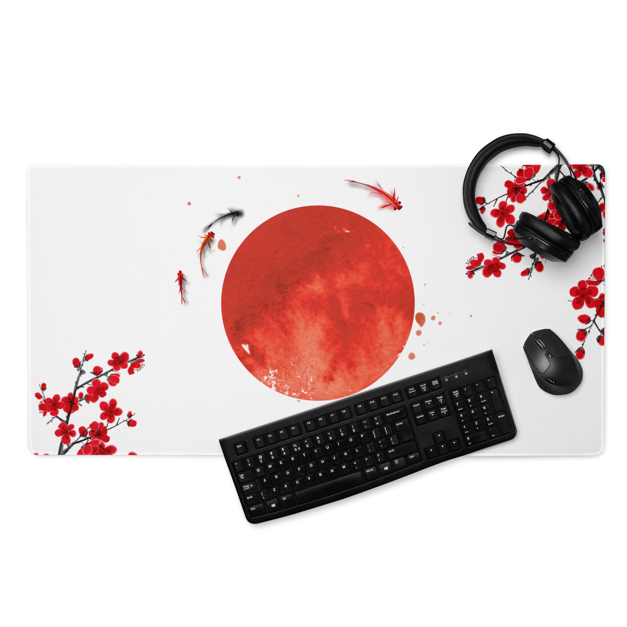Crimson Sun Sakura Gaming Mouse Pad - Mouse Pad Red White Black Desk Minimal Sakura - Calm Japandi Style Gaming Desk
