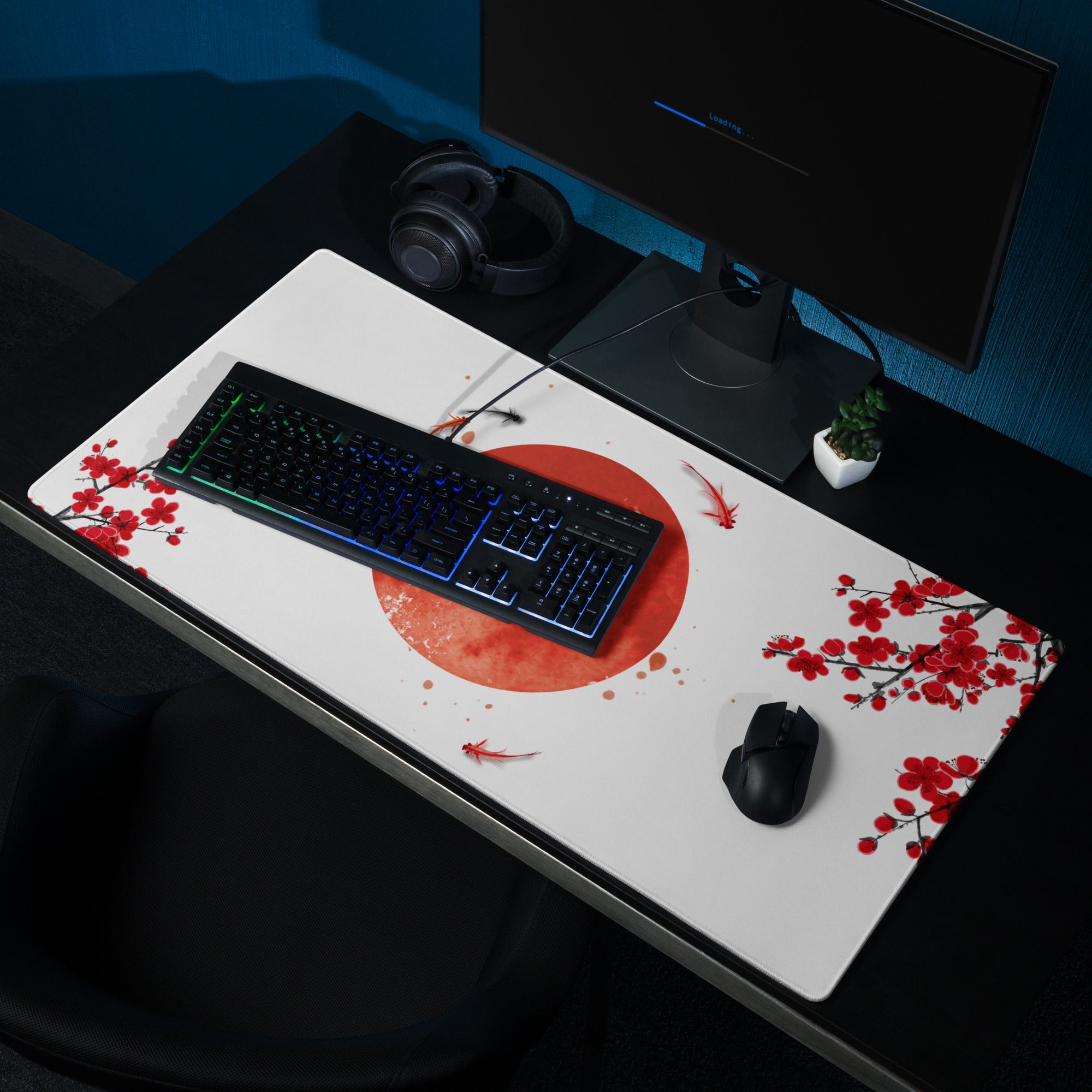 Crimson Sun Sakura Gaming Mouse Pad - Mouse Pad Red White Black Desk Minimal Sakura - Calm Japandi Style Gaming Desk