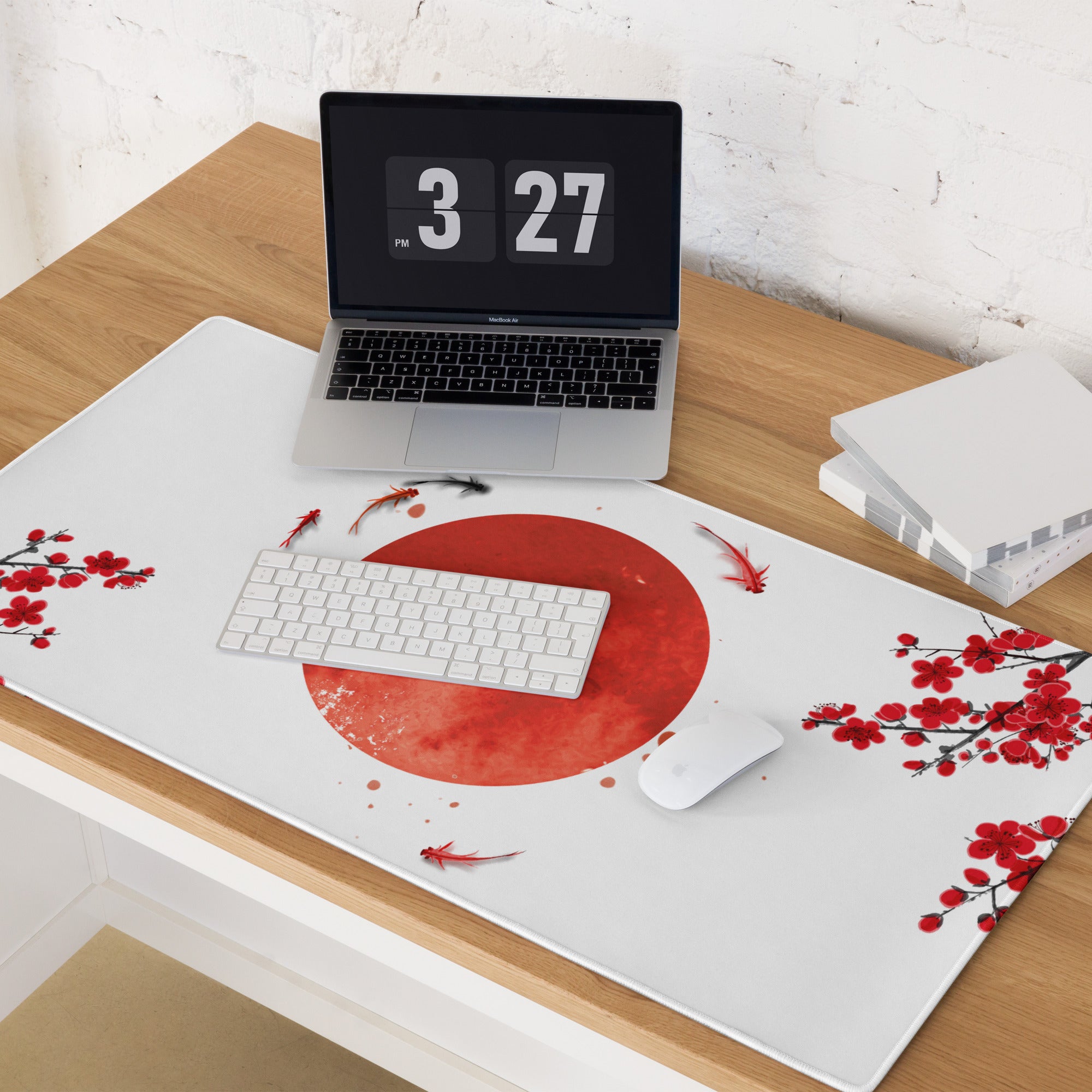 Crimson Sun Sakura Gaming Mouse Pad - Mouse Pad Red White Black Desk Minimal Sakura - Calm Japandi Style Gaming Desk