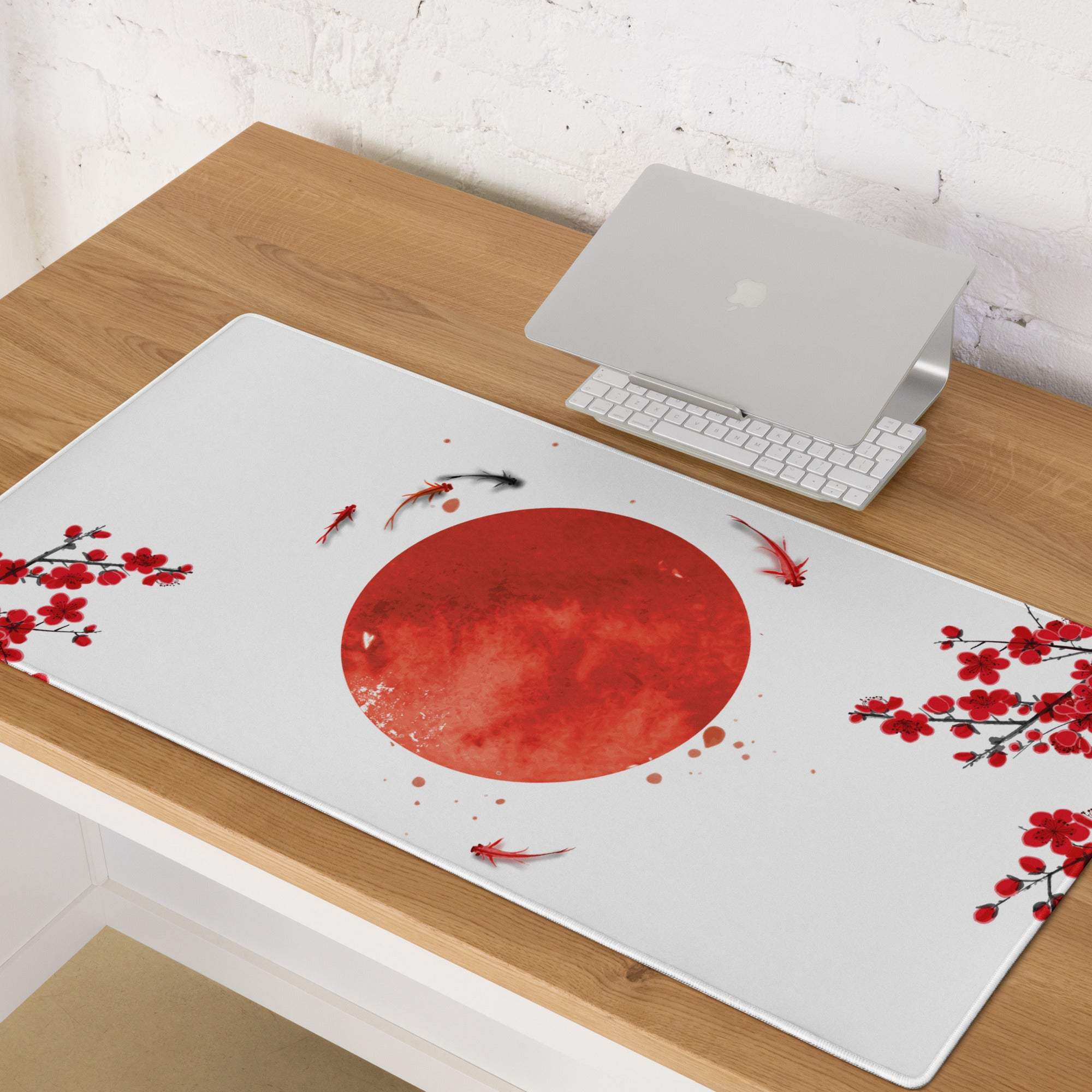 White mousepad featuring a watercolor red sun with black and orange koi fish and red cherry blossom branches