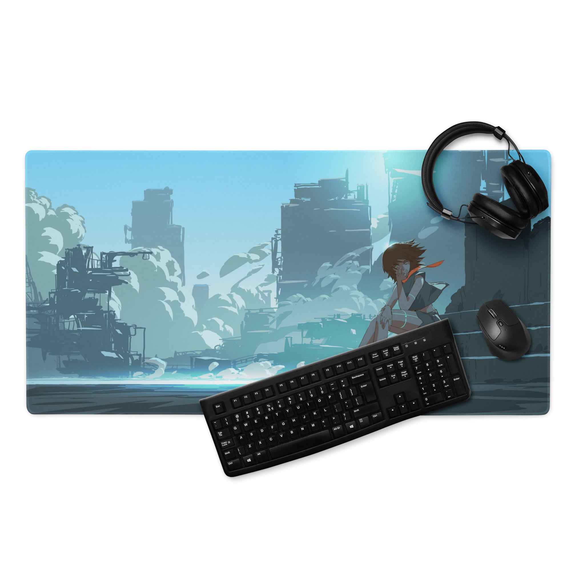 Azure Neon Cityscape Gaming Pad - Cityscape Blue Desk Mat Gaming Sci Fi Art | Moody Cinematic Futuristic Anime Inspired