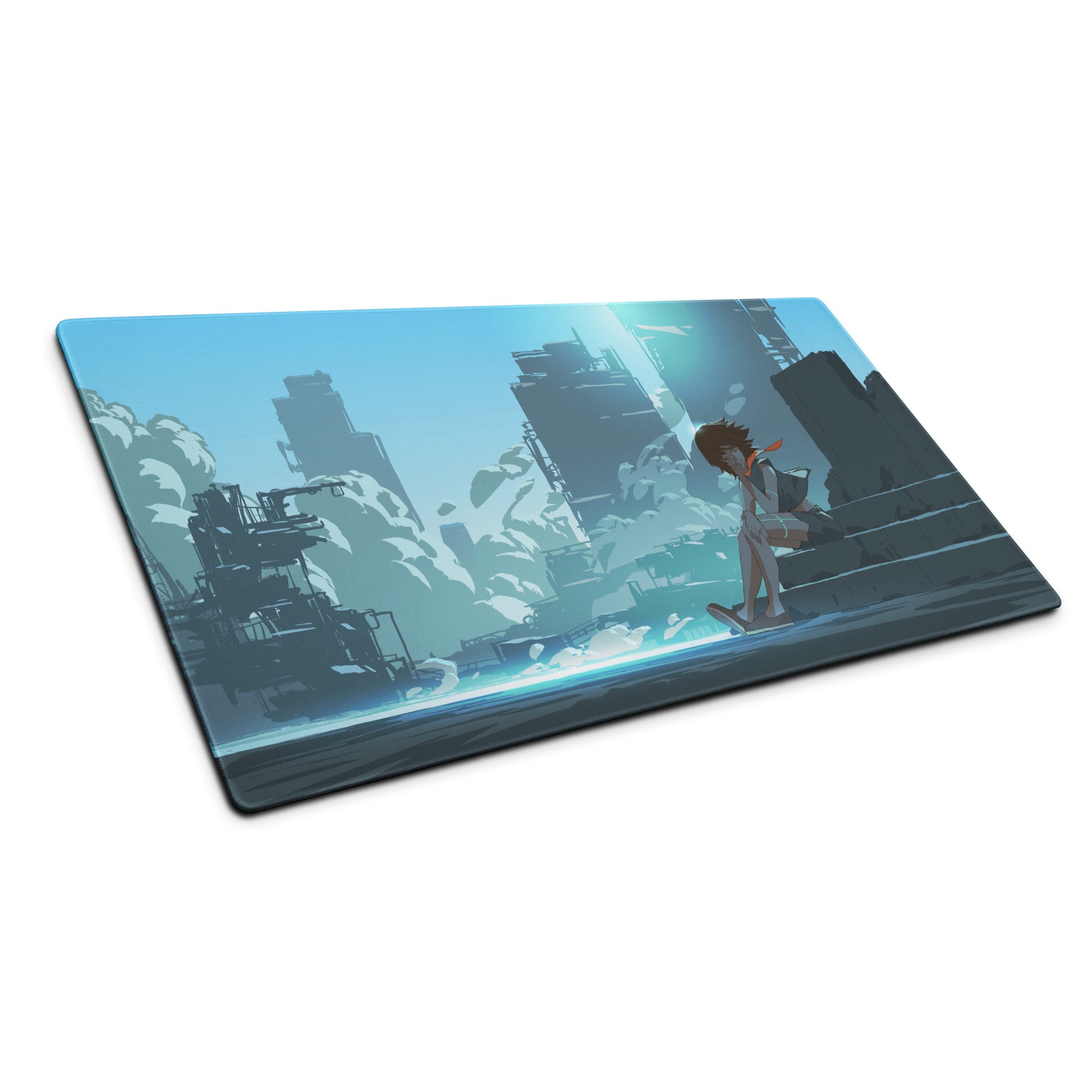 Azure Neon Cityscape Gaming Pad - Cityscape Blue Desk Mat Gaming Sci Fi Art | Moody Cinematic Futuristic Anime Inspired