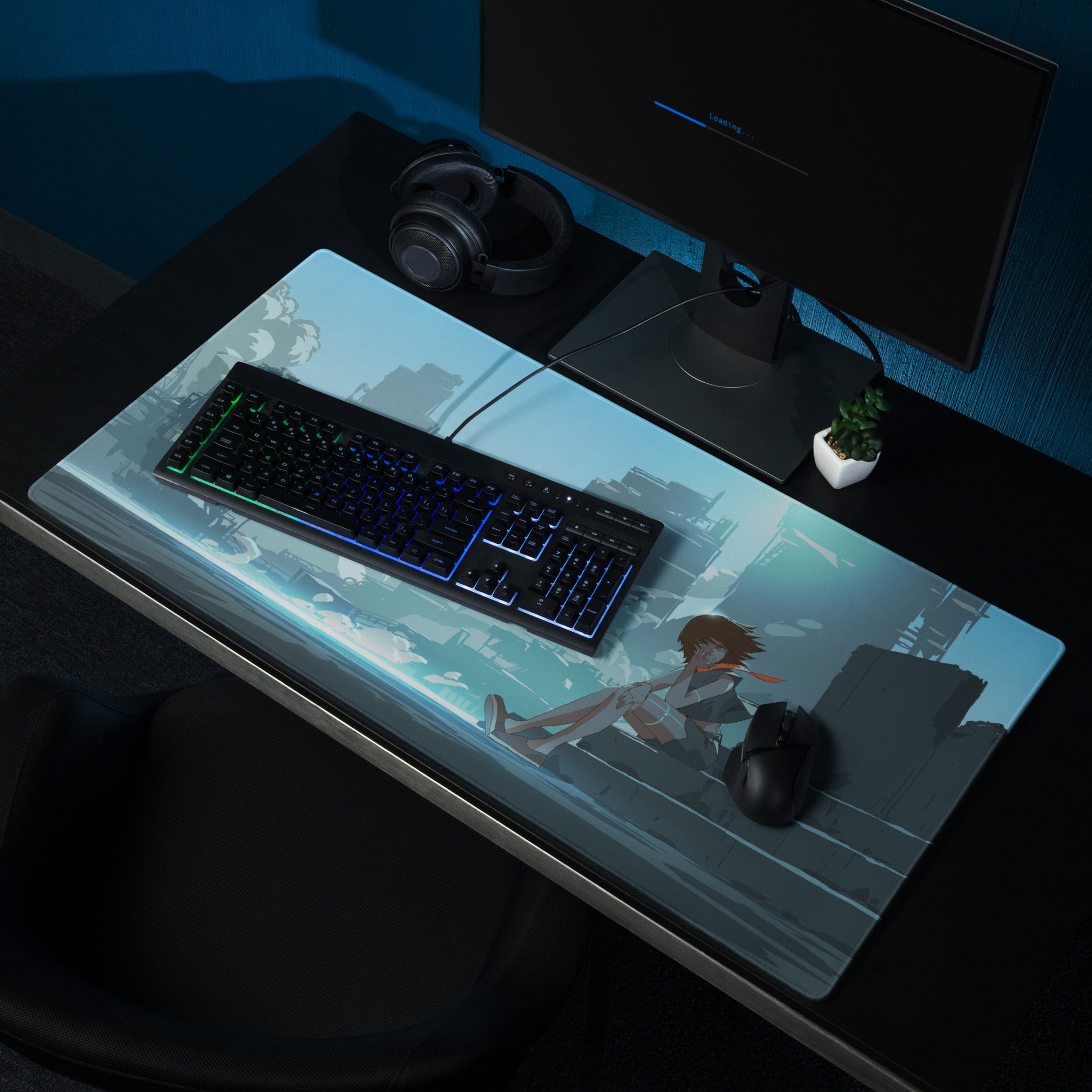 Azure Neon Cityscape Gaming Pad - Cityscape Blue Desk Mat Gaming Sci Fi Art | Moody Cinematic Futuristic Anime Inspired