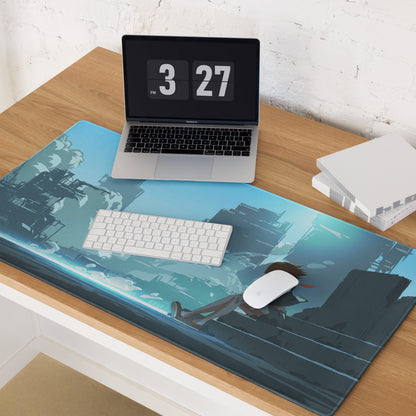 Azure Neon Cityscape Gaming Pad - Cityscape Blue Desk Mat Gaming Sci Fi Art | Moody Cinematic Futuristic Anime Inspired