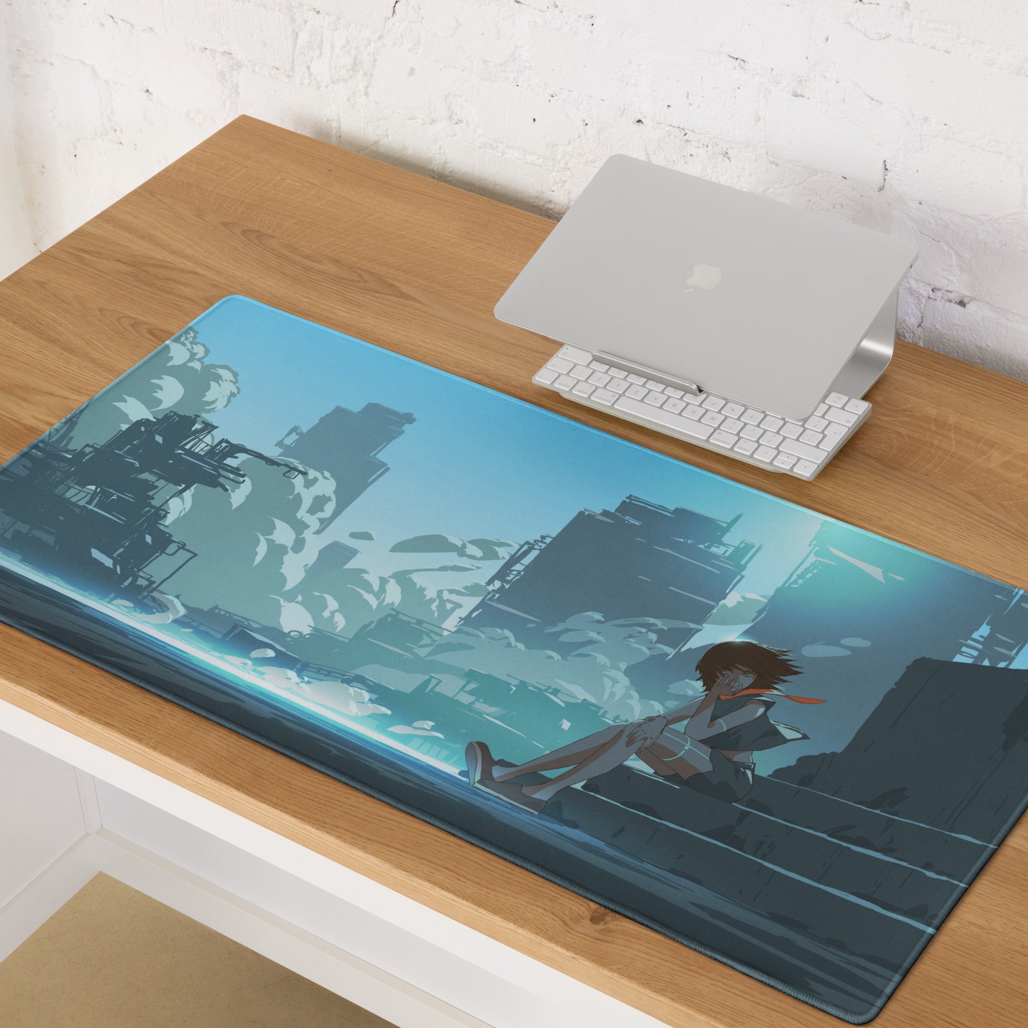 Azure Neon Cityscape Gaming Pad - Cityscape Blue Desk Mat Gaming Sci Fi Art | Moody Cinematic Futuristic Anime Inspired