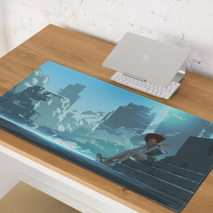 Azure Neon Cityscape Gaming Pad - Cityscape Blue Desk Mat Gaming Sci Fi Art | Moody Cinematic Futuristic Anime Inspired