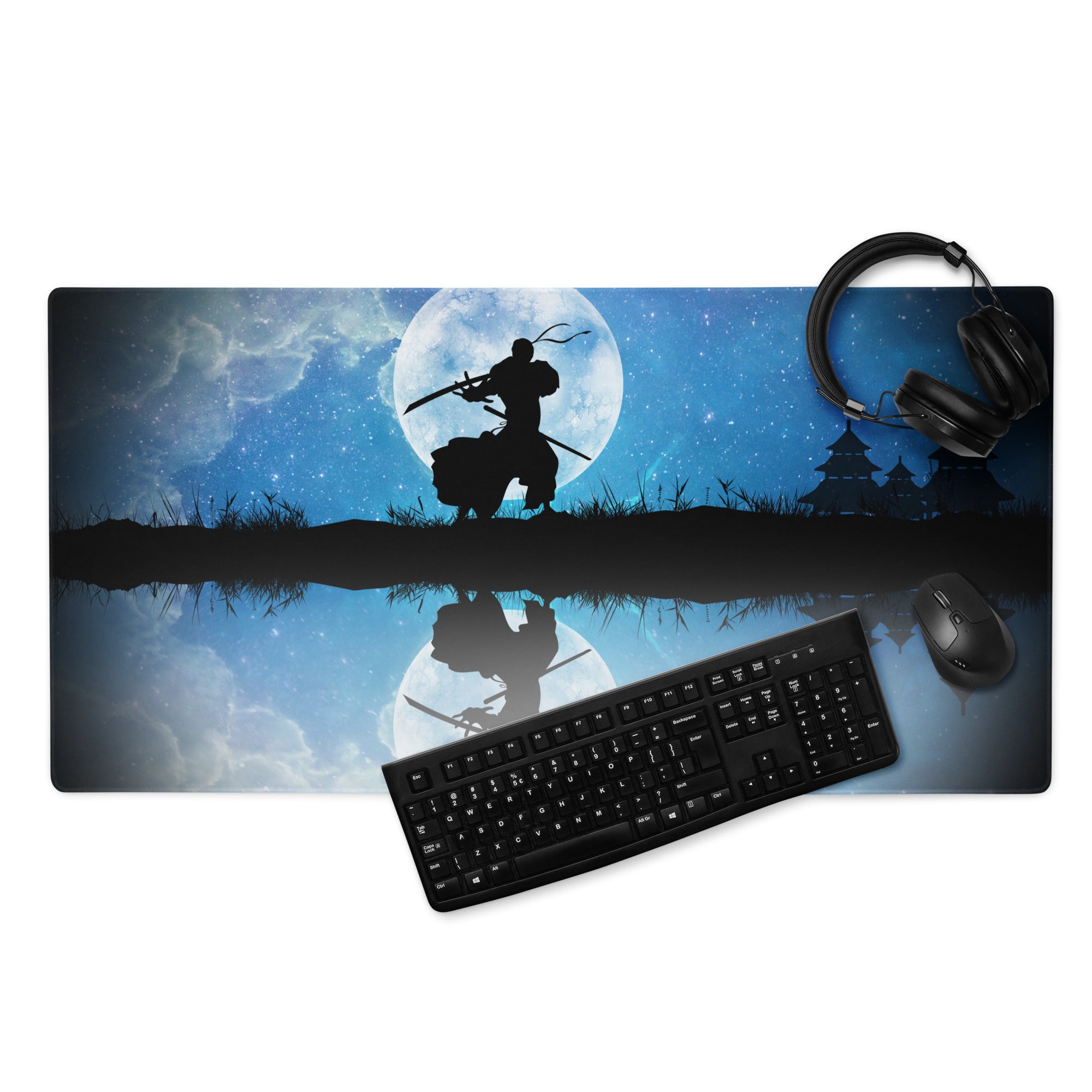 Moonlit Samurai Gaming Mouse Pad - Samurai Moon Blue Gaming Desk Mat Nightscape Silhouette Oriental Style Fabric