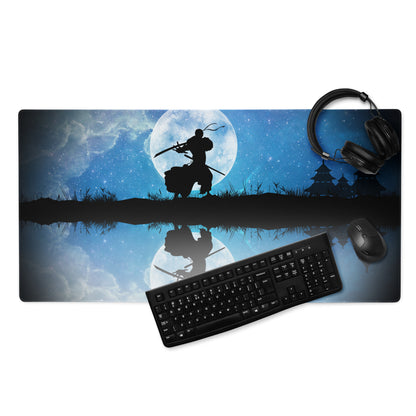 Moonlit Samurai Gaming Mouse Pad - Samurai Moon Blue Gaming Desk Mat Nightscape Silhouette Oriental Style Fabric