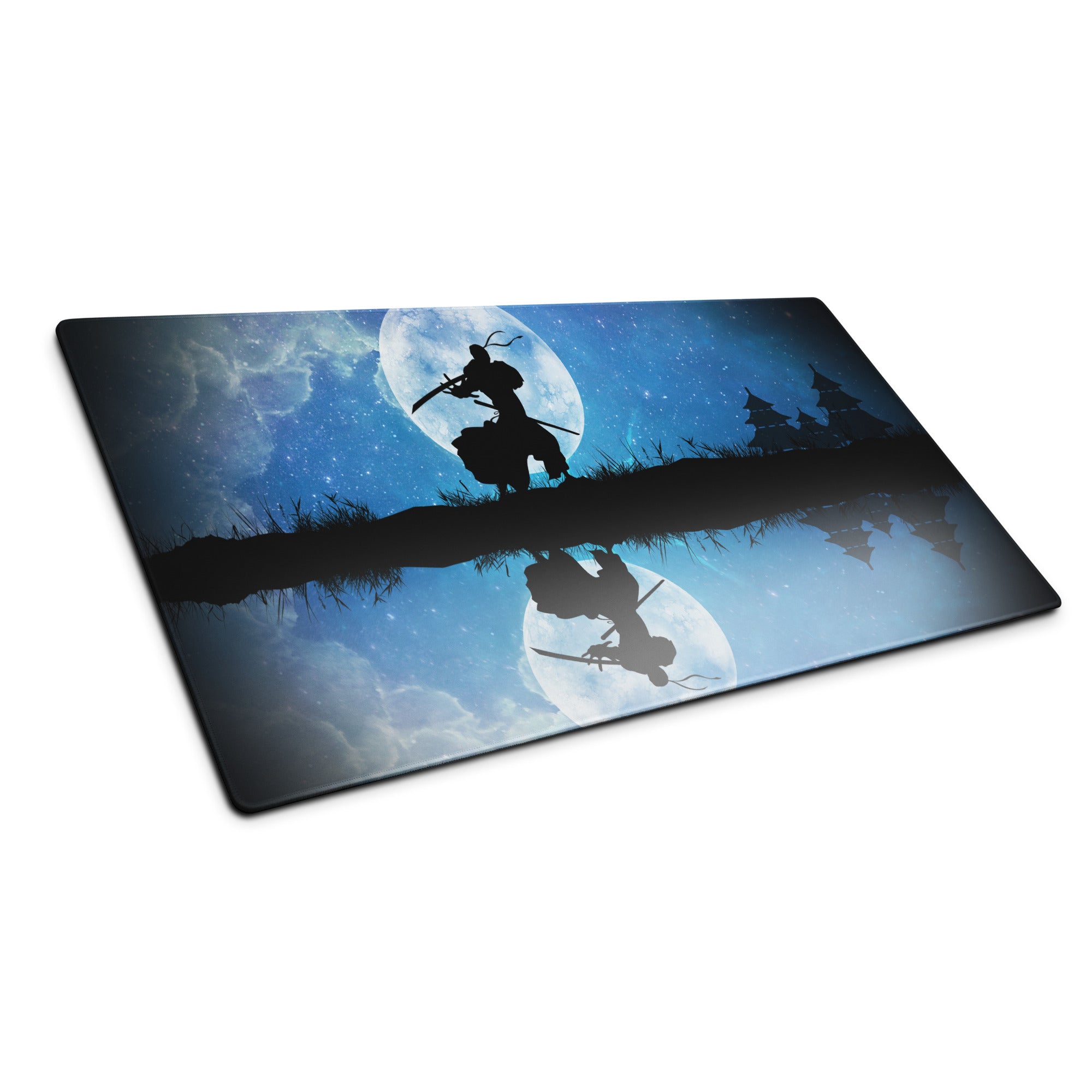Moonlit Samurai Gaming Mouse Pad - Samurai Moon Blue Gaming Desk Mat Nightscape Silhouette Oriental Style Fabric