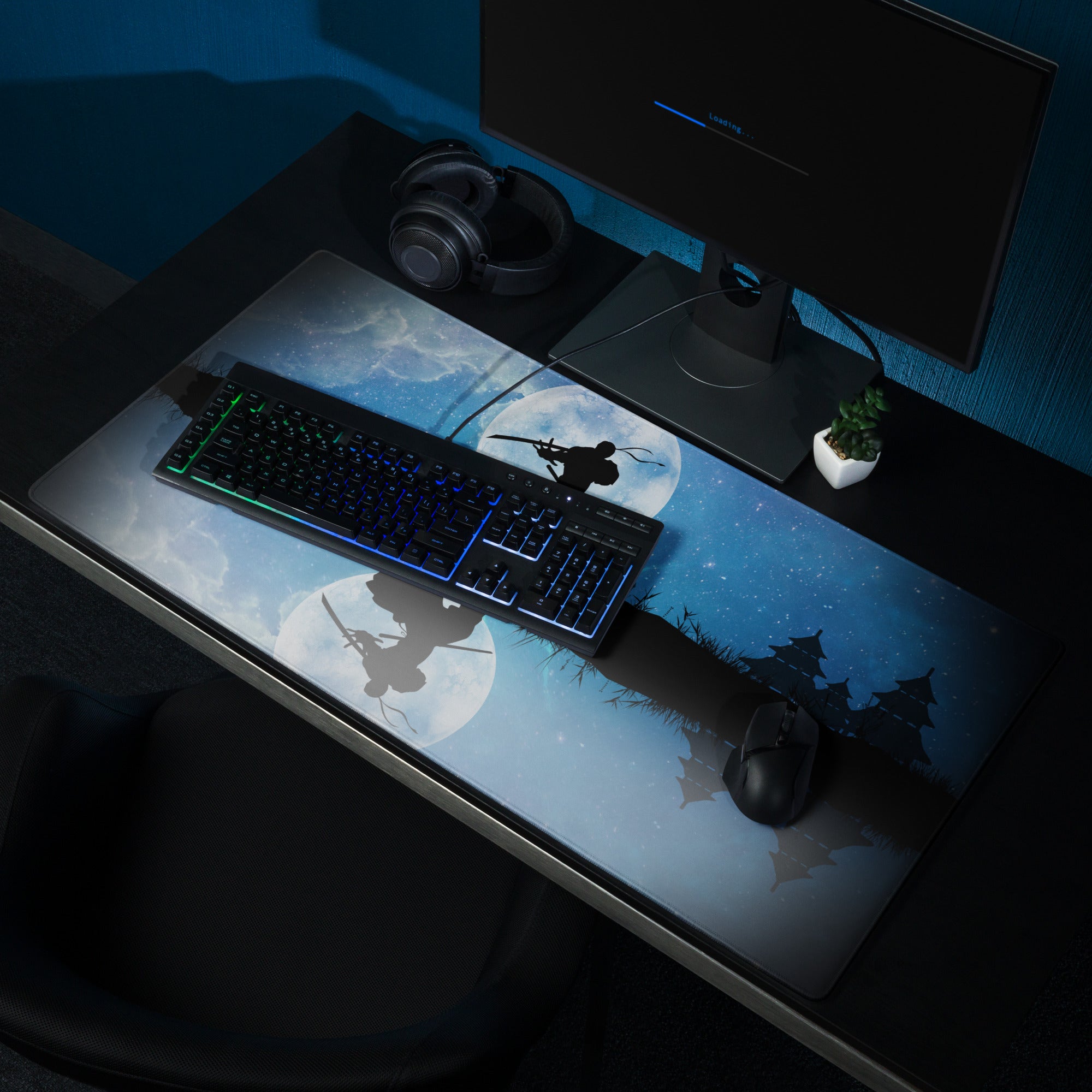 Moonlit Samurai Gaming Mouse Pad - Samurai Moon Blue Gaming Desk Mat Nightscape Silhouette Oriental Style Fabric