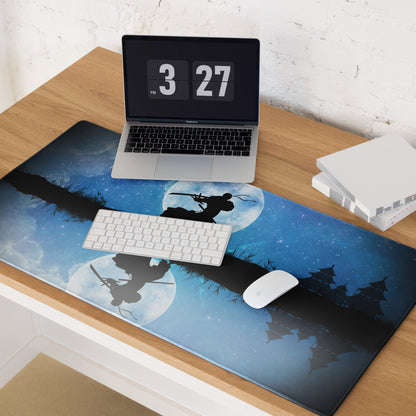 Moonlit Samurai Gaming Mouse Pad - Samurai Moon Blue Gaming Desk Mat Nightscape Silhouette Oriental Style Fabric