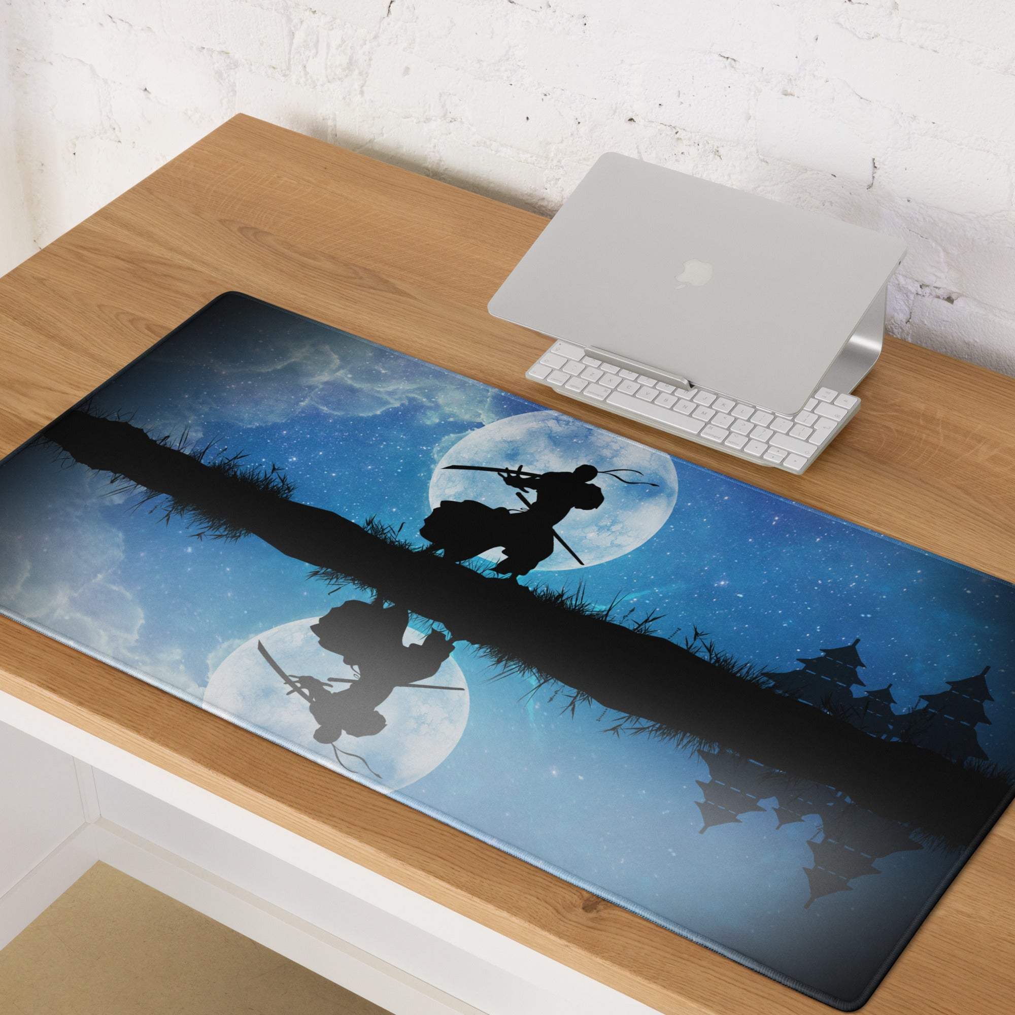 Blue and black anime-themed fabric gaming mousepad featuring a samurai silhouette under a full moon with japanese architecture