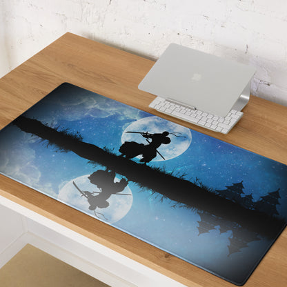 Moonlit Samurai Gaming Mouse Pad - Samurai Moon Blue Gaming Desk Mat Nightscape Silhouette Oriental Style Fabric