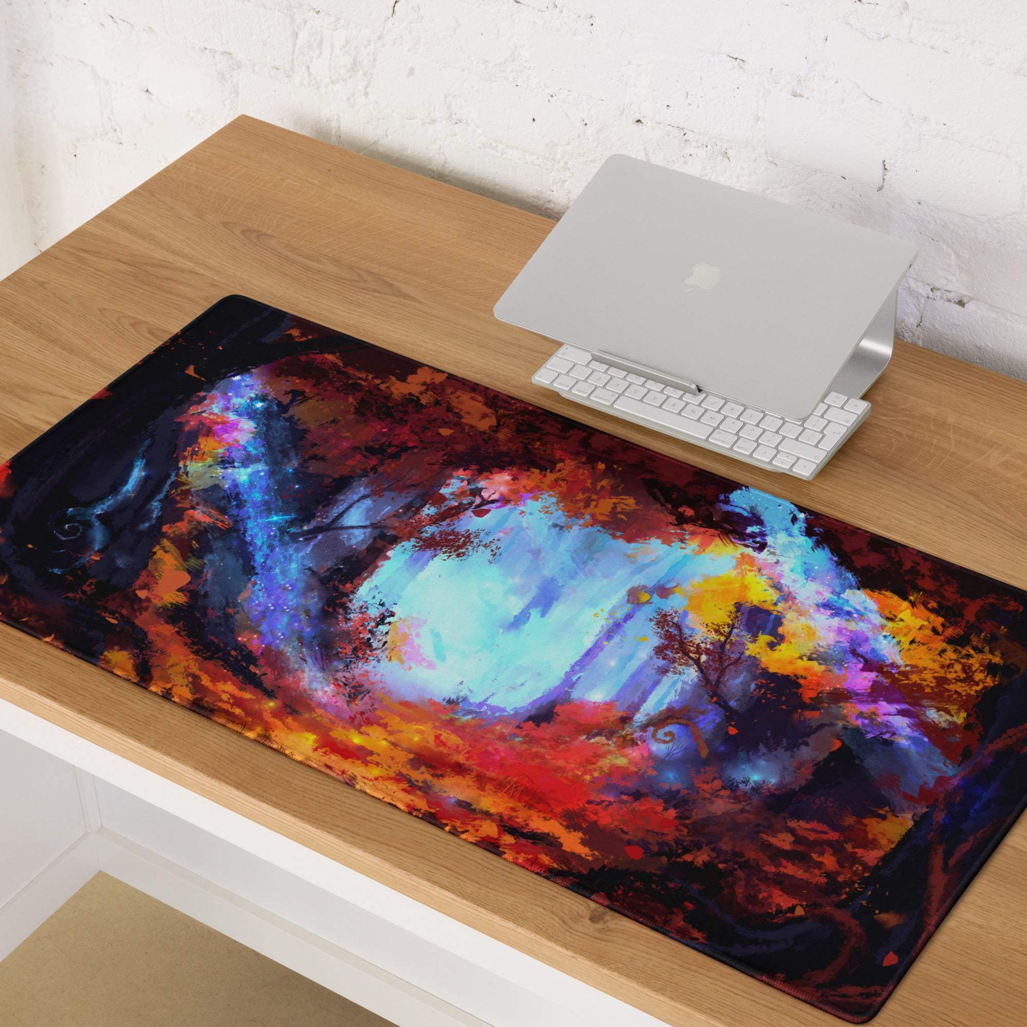 Vibrant abstract art mouse pad with swirling blues purples oranges and reds on a smooth surface for gaming desk decor