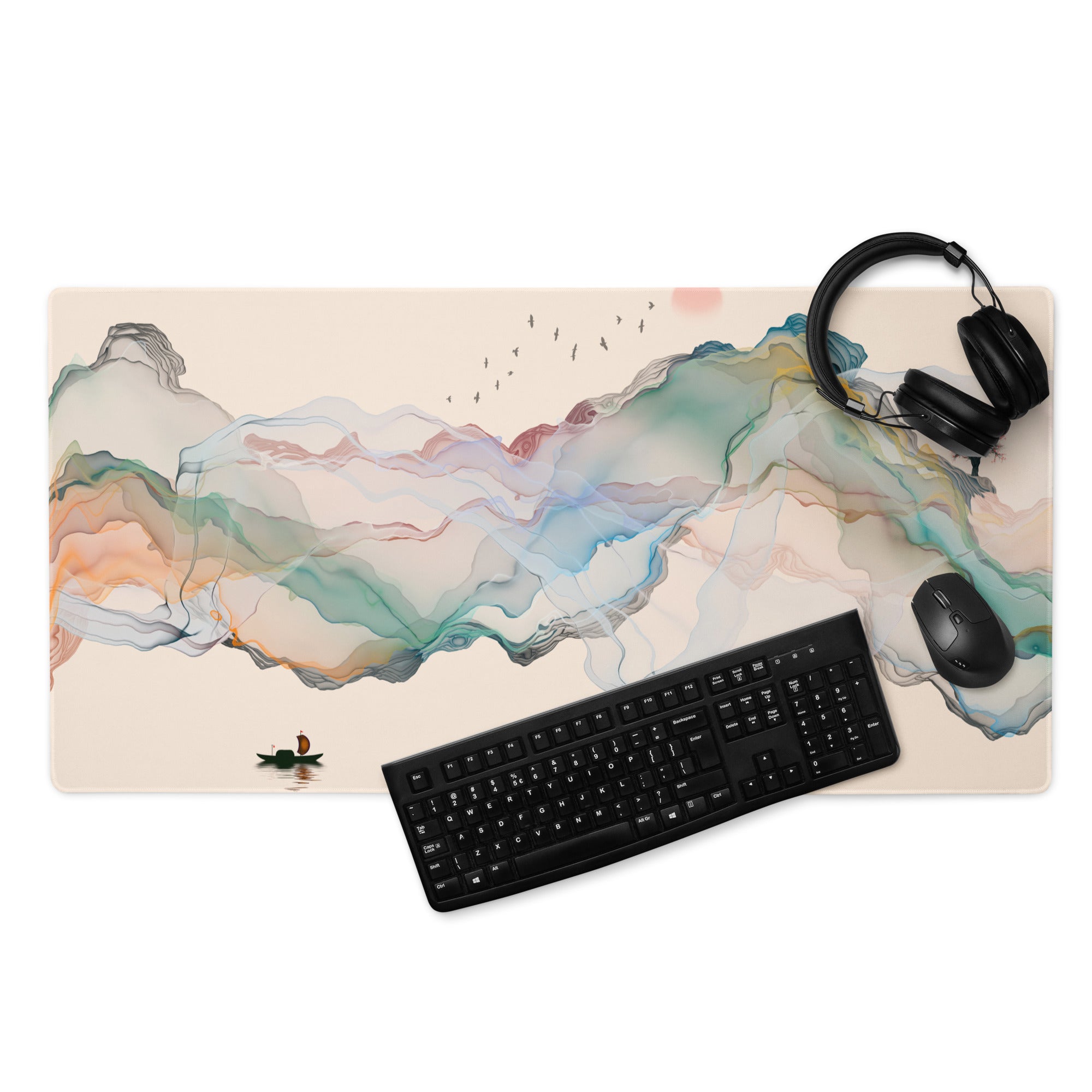 Pastel Mountain Dream Desk Pad - Mountain Landscape Mouse Pad Pastel Teal Serene Minimalist Office Desk Watercolor