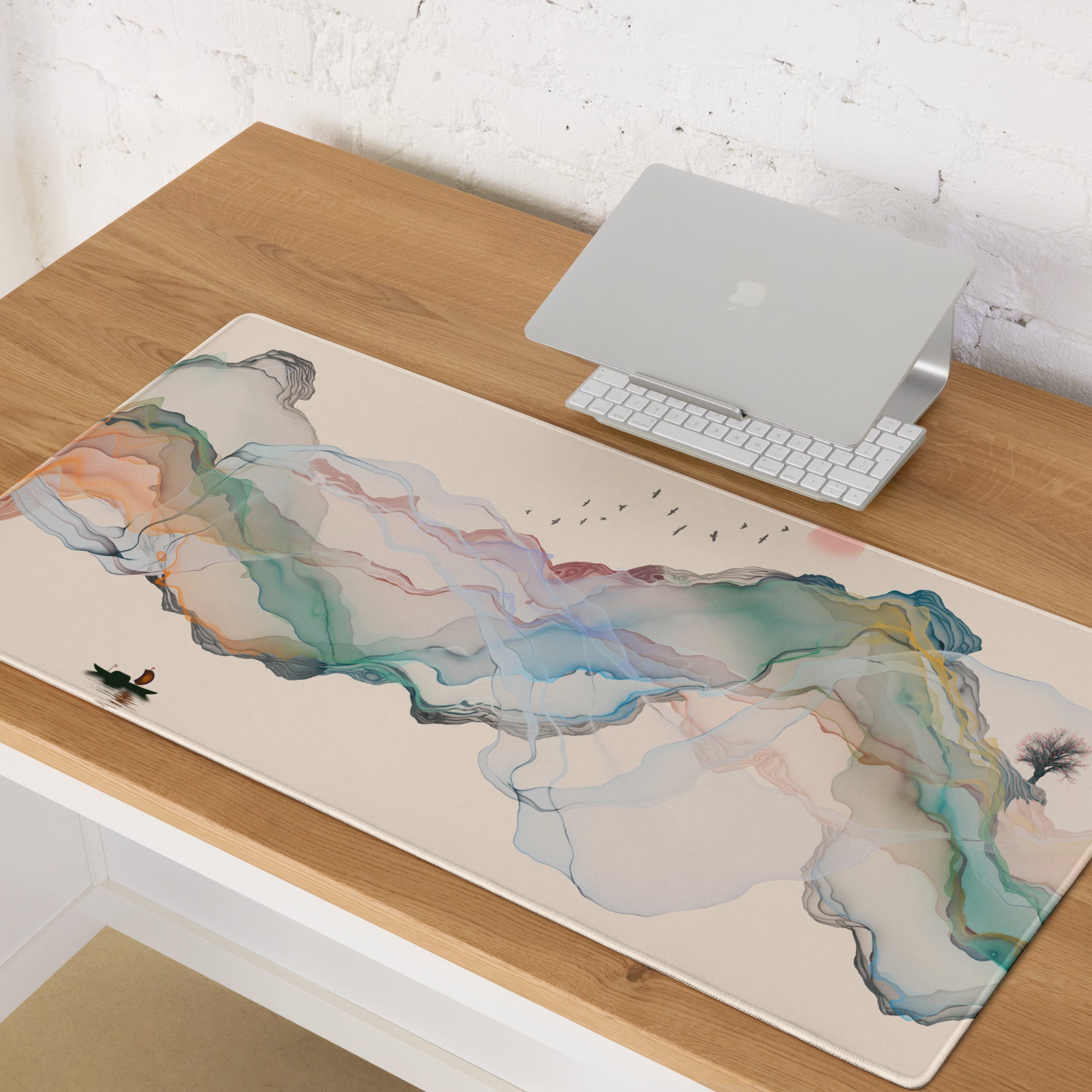Pastel Mountain Dream Desk Pad - Mountain Landscape Mouse Pad Pastel Teal Serene Minimalist Office Desk Watercolor