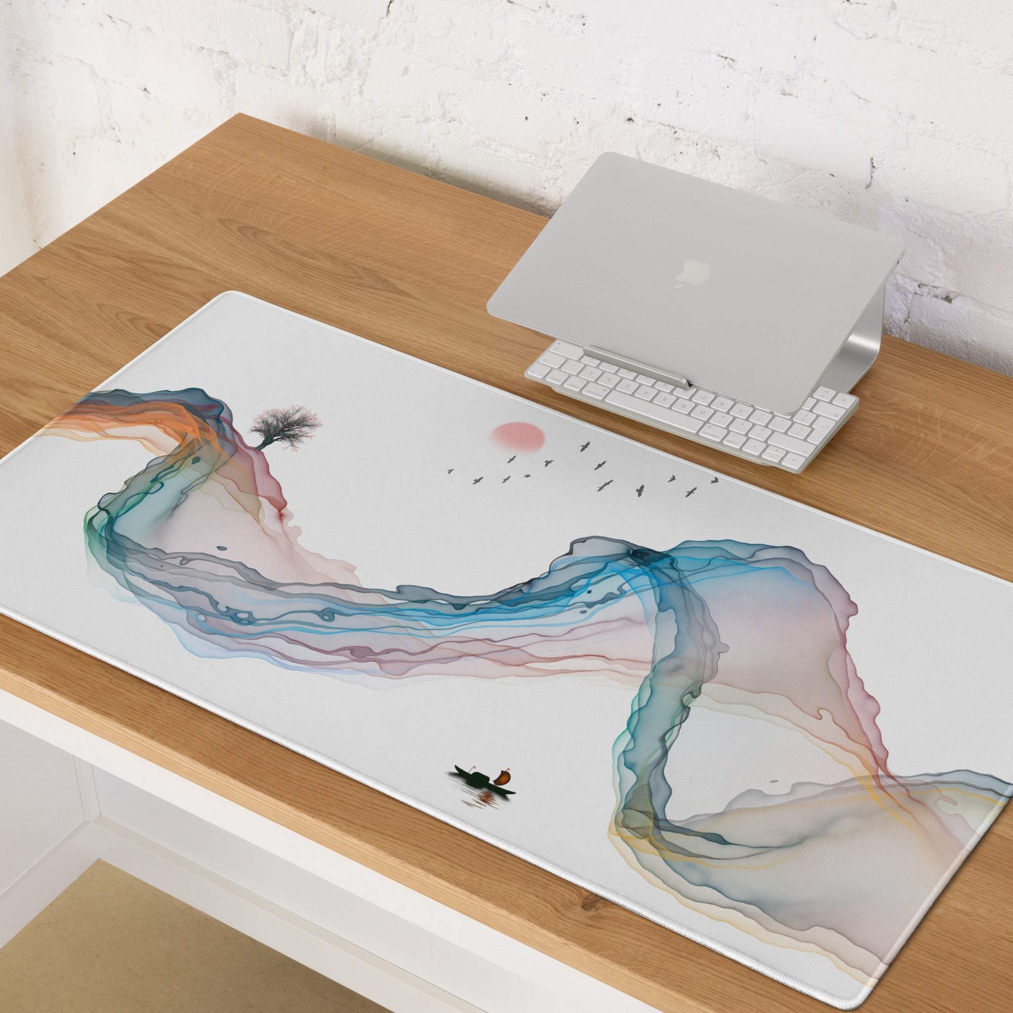 Aurora mist abstract gaming mouse pad with multicolor watercolor landscape design featuring tree birds and boat silhouette