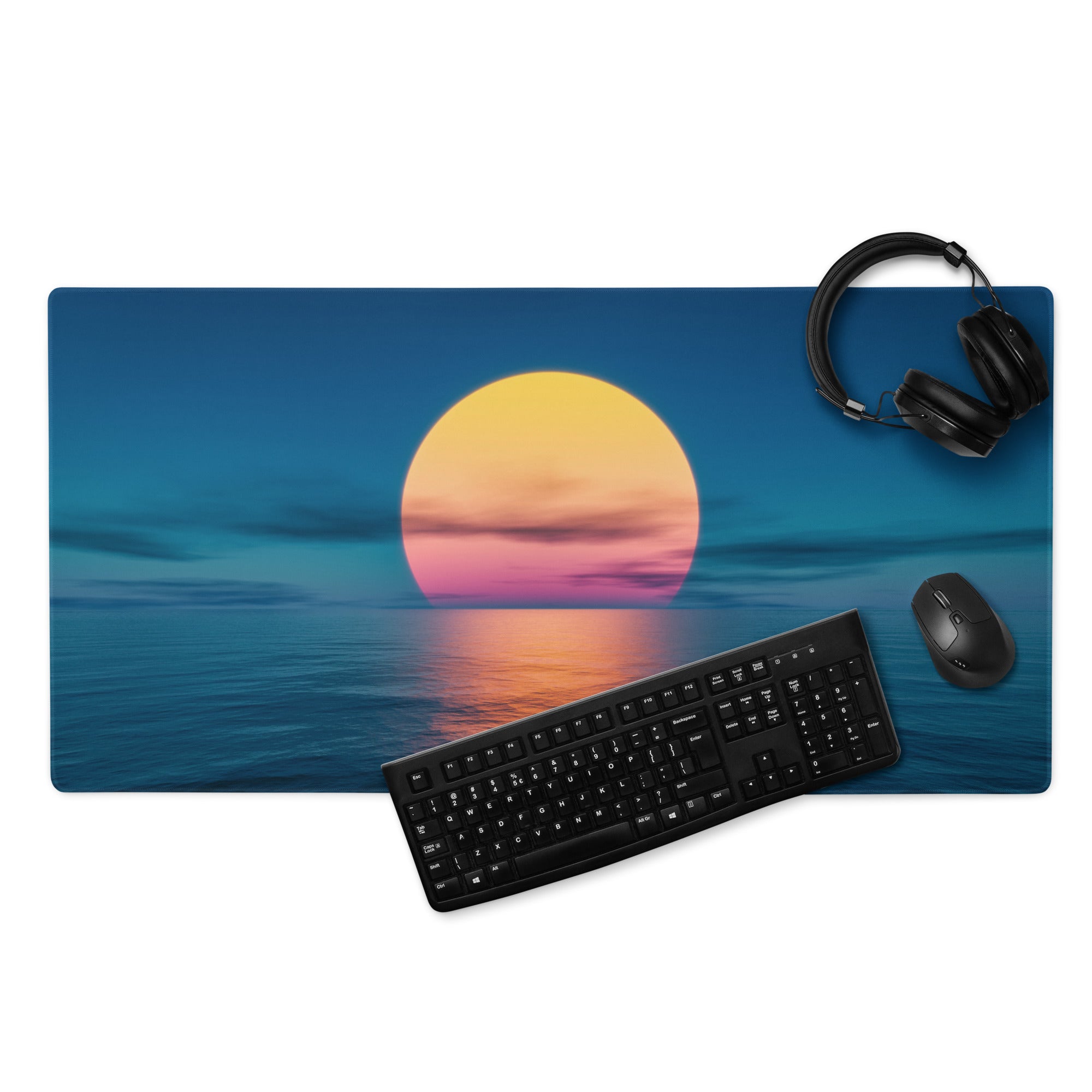 Sunset Horizon Blue Gaming Pad - Mouse Pad Blue Sunset Desk Setup Photorealistic - Calm Serene Coastal Modern Desk Photo