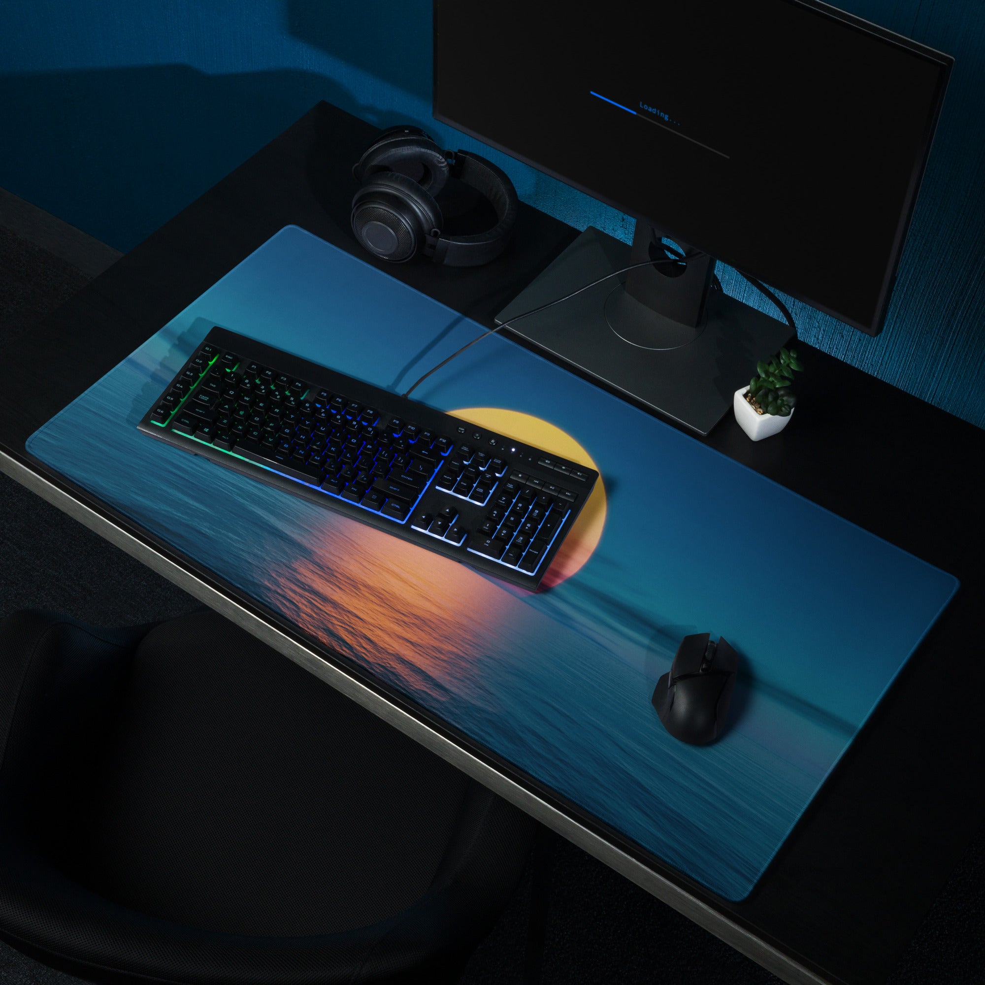 Sunset Horizon Blue Gaming Pad - Mouse Pad Blue Sunset Desk Setup Photorealistic - Calm Serene Coastal Modern Desk Photo