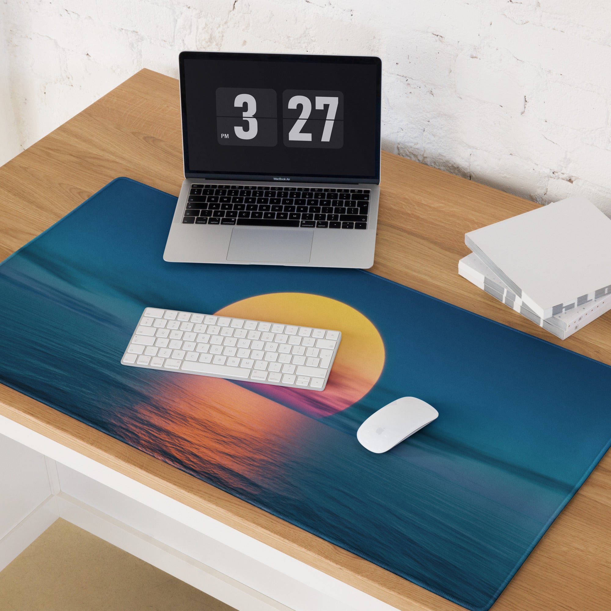 Sunset Horizon Blue Gaming Pad - Mouse Pad Blue Sunset Desk Setup Photorealistic - Calm Serene Coastal Modern Desk Photo