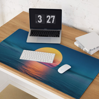Sunset Horizon Blue Gaming Pad - Mouse Pad Blue Sunset Desk Setup Photorealistic - Calm Serene Coastal Modern Desk Photo