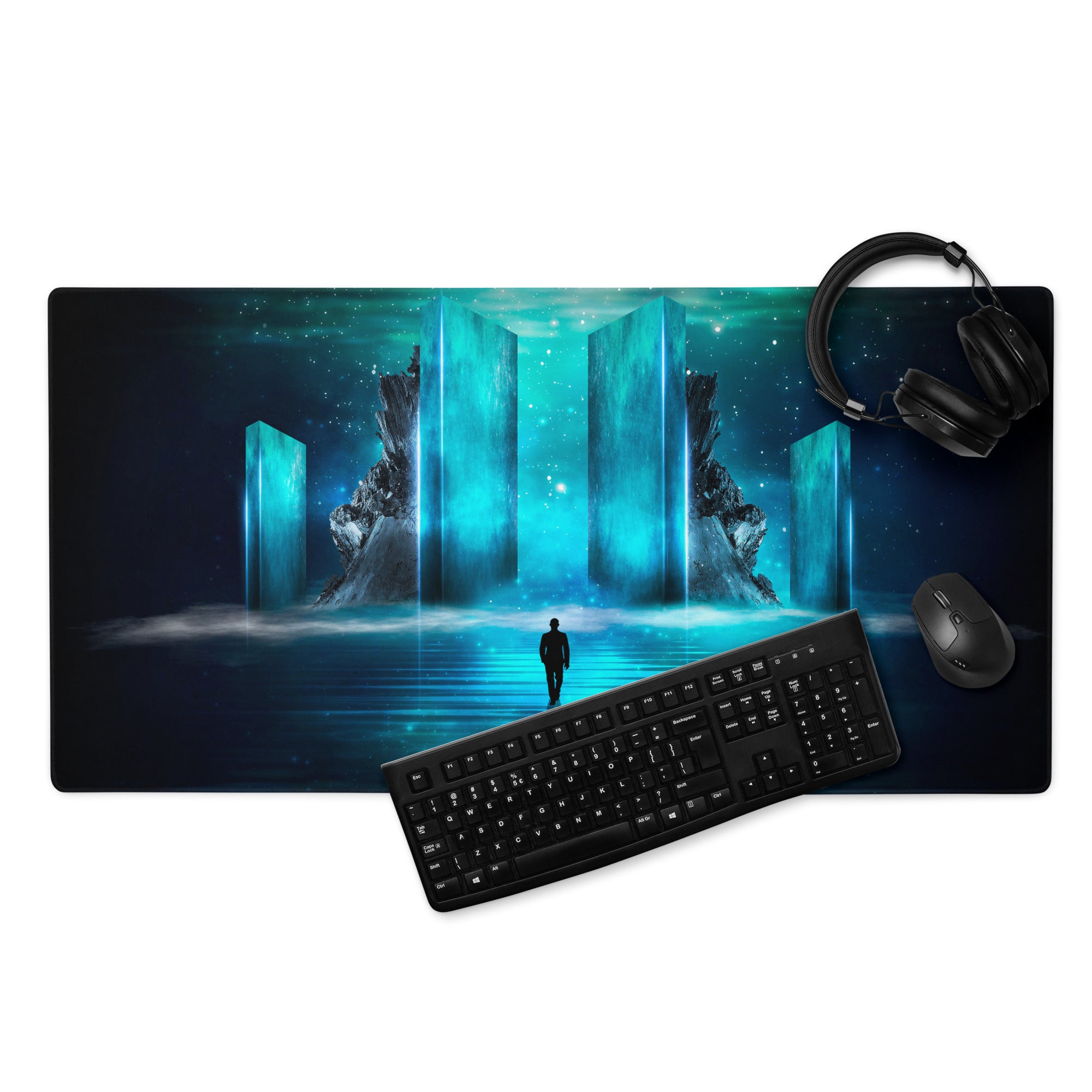 Neon Portal Gaming Pad - Gaming Mouse Pad Blue Neon Futuristic Immersive Cyberpunk Modern Digital Artwork