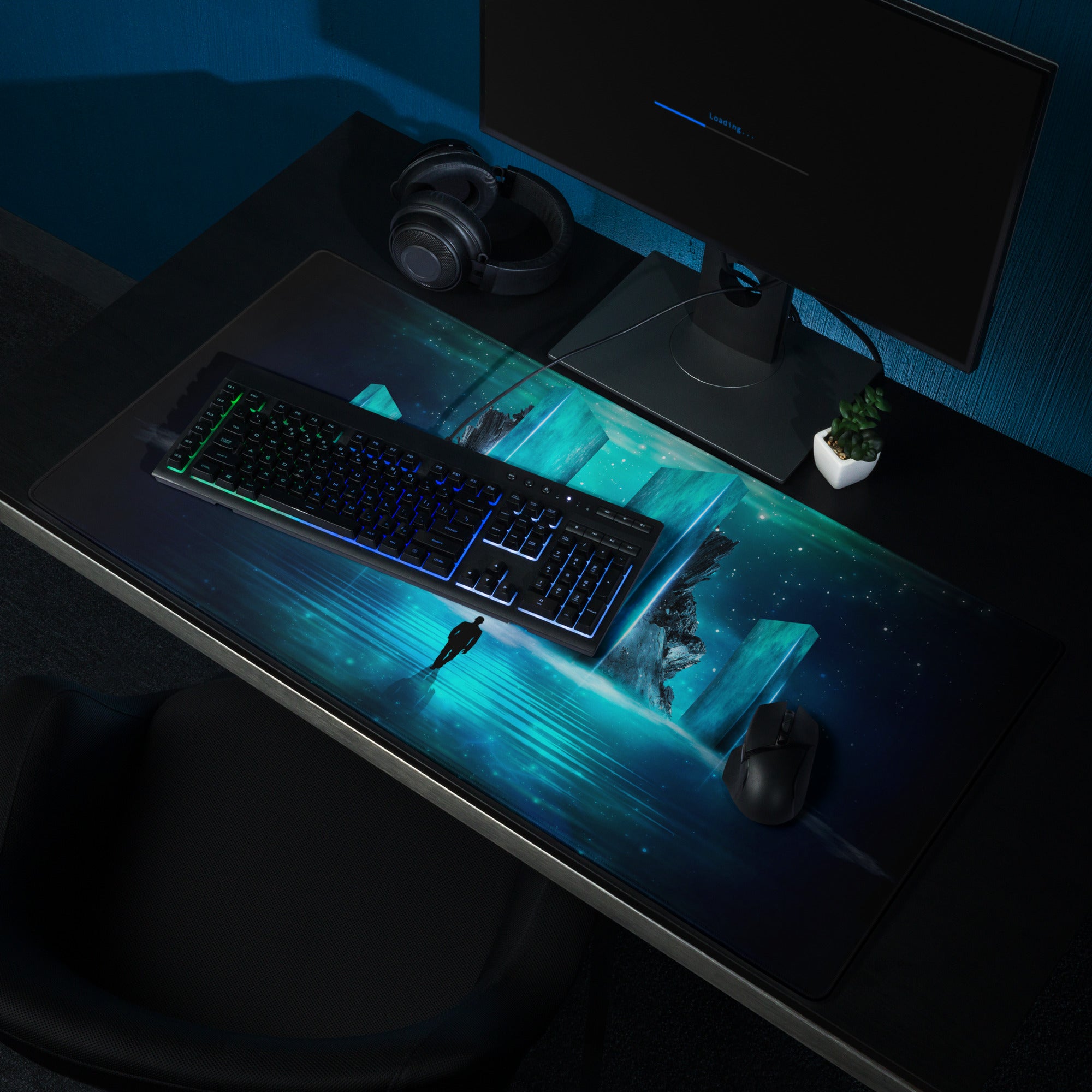 Neon Portal Gaming Pad - Gaming Mouse Pad Blue Neon Futuristic Immersive Cyberpunk Modern Digital Artwork