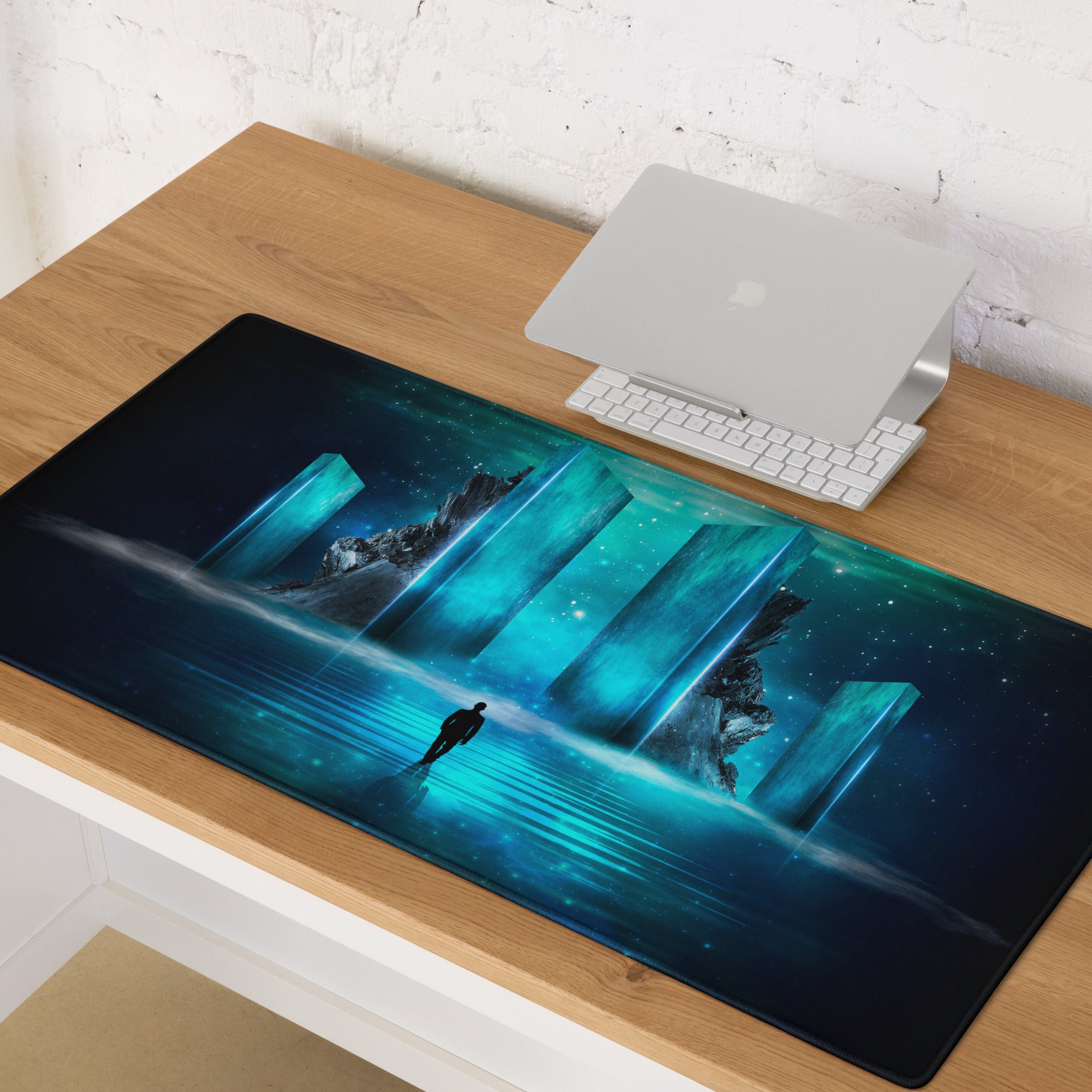 Neon Portal Gaming Pad - Gaming Mouse Pad Blue Neon Futuristic Immersive Cyberpunk Modern Digital Artwork